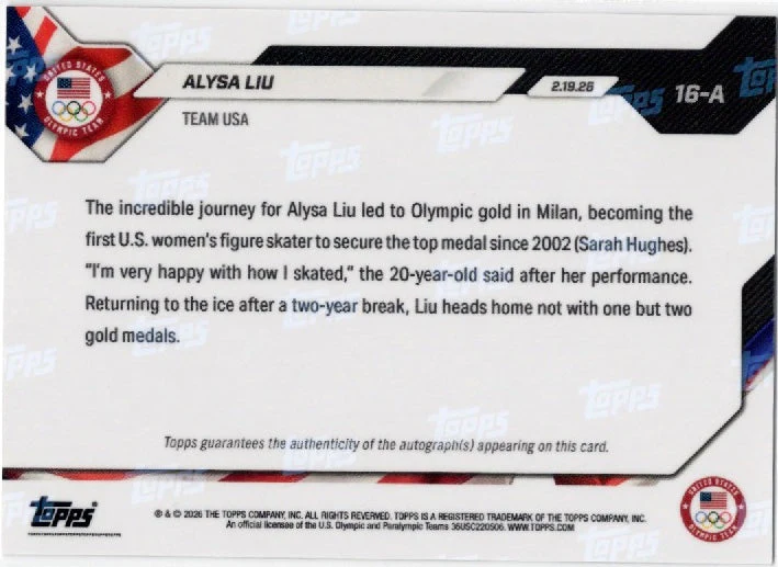 2026 Topps Now Olympics Alysa Liu #16A Foilfractor Auto 1/1 Team USA Figure Skating Card - Image 3