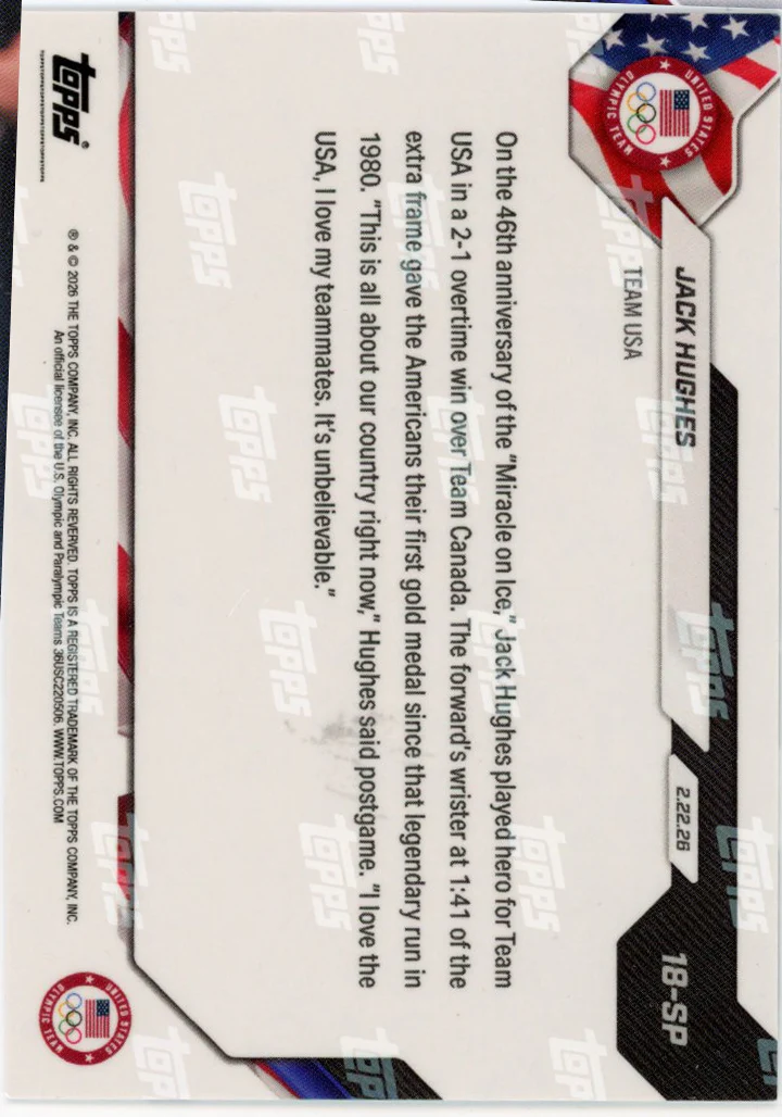 2026 Topps Now Olympics Jack Hughes #18-SP Image Variation Short Print Team USA Gold Medal Hockey Card - Image 2