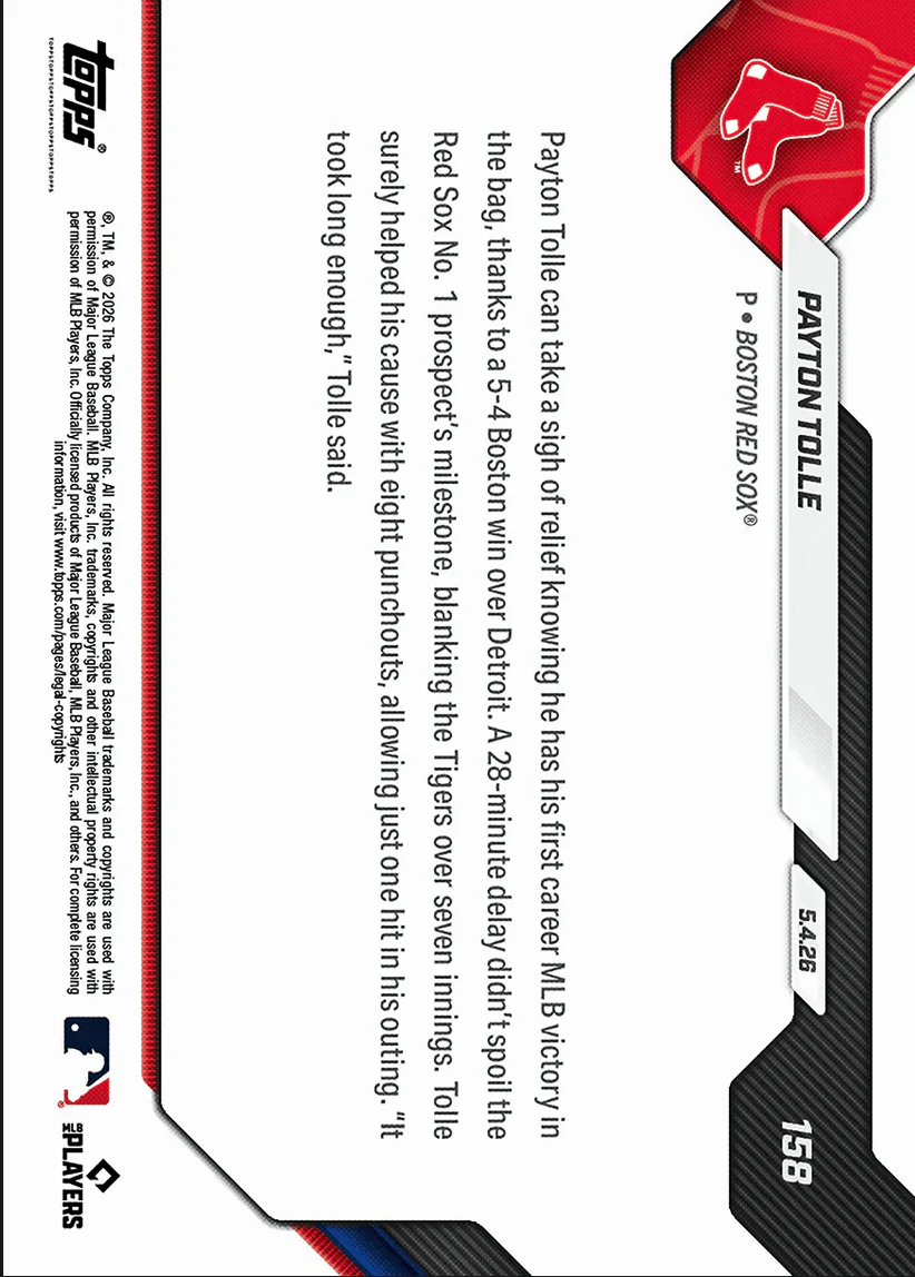 2026 Topps Now Payton Tolle #158 7 Scoreless Frames, 8Ks Collect 1st MLB Win Boston Red Sox Rookie RC Baseball Card - Image 2