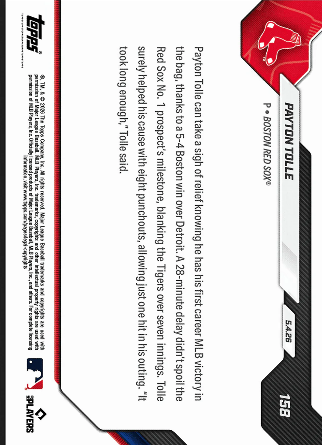 2026 Topps Now Payton Tolle #158 Gold Foil /50 7 Scoreless Frames, 8Ks Collect 1st MLB Win Boston Red Sox Rookie RC Baseball Card - Image 2