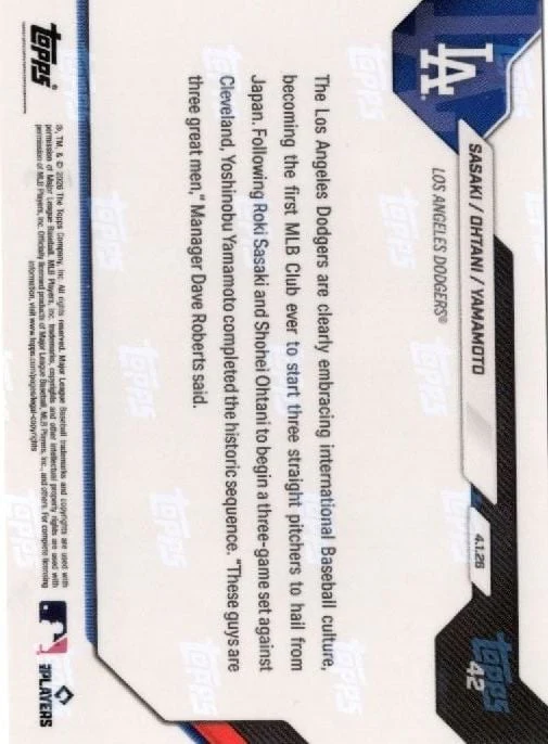 2026 Topps Now Roki Sasaki/Shohei Ohtani/Yoshinobu Yamamoto #42 Red Foil /5 1st MLB Club to Start 3 Consecutive Japanese Pitchers Los Angeles Dodgers Baseball Card - Image 2