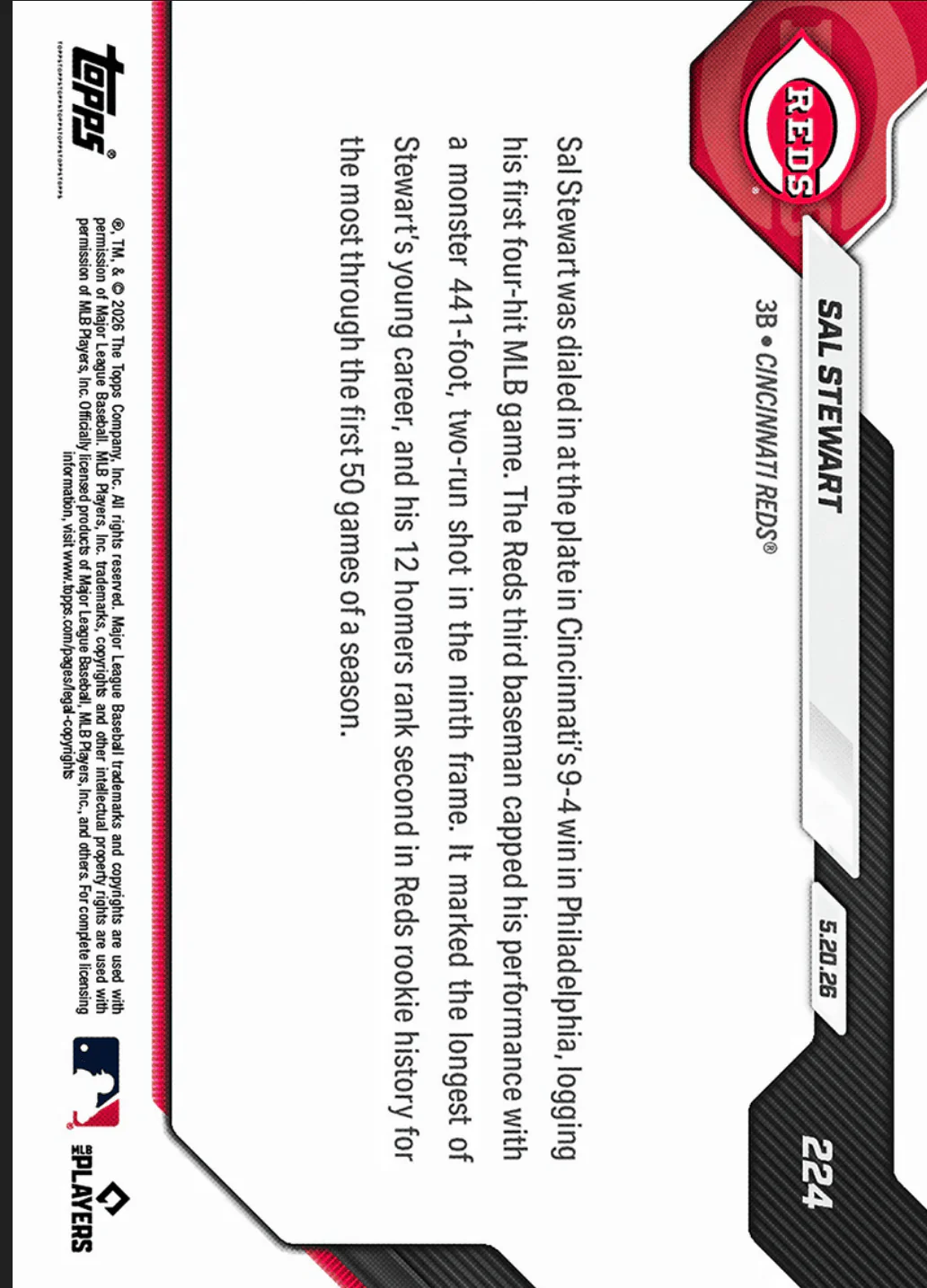 2026 Topps Now Sal Stewart #224 Black Foil /10 441 Foot Moonshot Secures 1st 4 Hit MLB Game in Win Cincinnati Reds Rookie RC Baseball Card - Image 2
