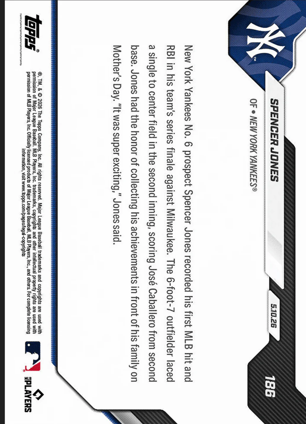 2026 Topps Now Spencer Jones #186 Orange Foil /25 Yankees Number 6 Prospect Logs 1st MLB Hit and RBI New York Yankees Rookie RC Baseball Card - Image 2