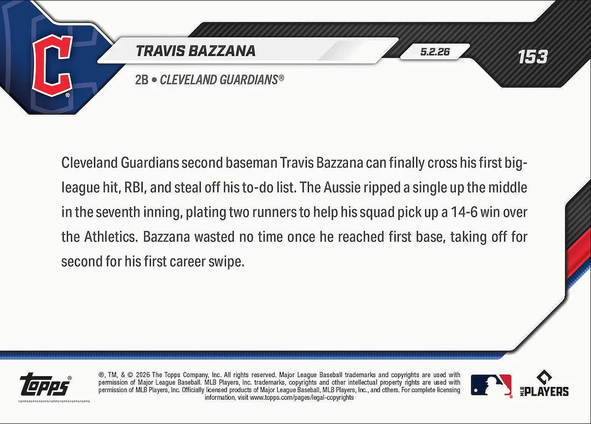 2026 Topps Now Travis Bazzana #153 Guardians Top Prospect Logs 1st Hit, RBI & Steal Cleveland Guardians Rookie RC Baseball Card - Image 2