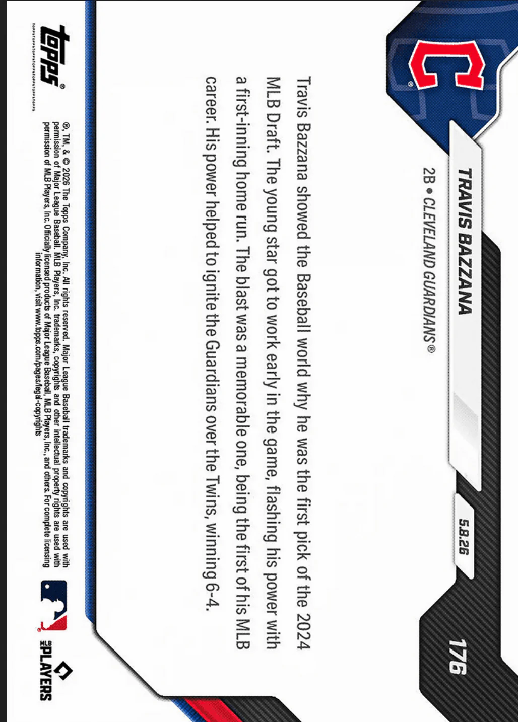 2026 Topps Now Travis Bazzana #176 Orange Foil /25 Top Prospect's 1st Home Run Caps Off Memorable Night Cleveland Guardians Rookie RC Baseball Card - Image 2