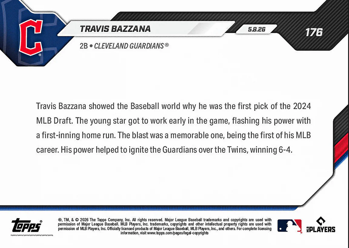 2026 Topps Now Travis Bazzana #176 Top Prospect's 1st Home Run Caps Off Memorable Night Cleveland Guardians Rookie RC Baseball Card - Image 2