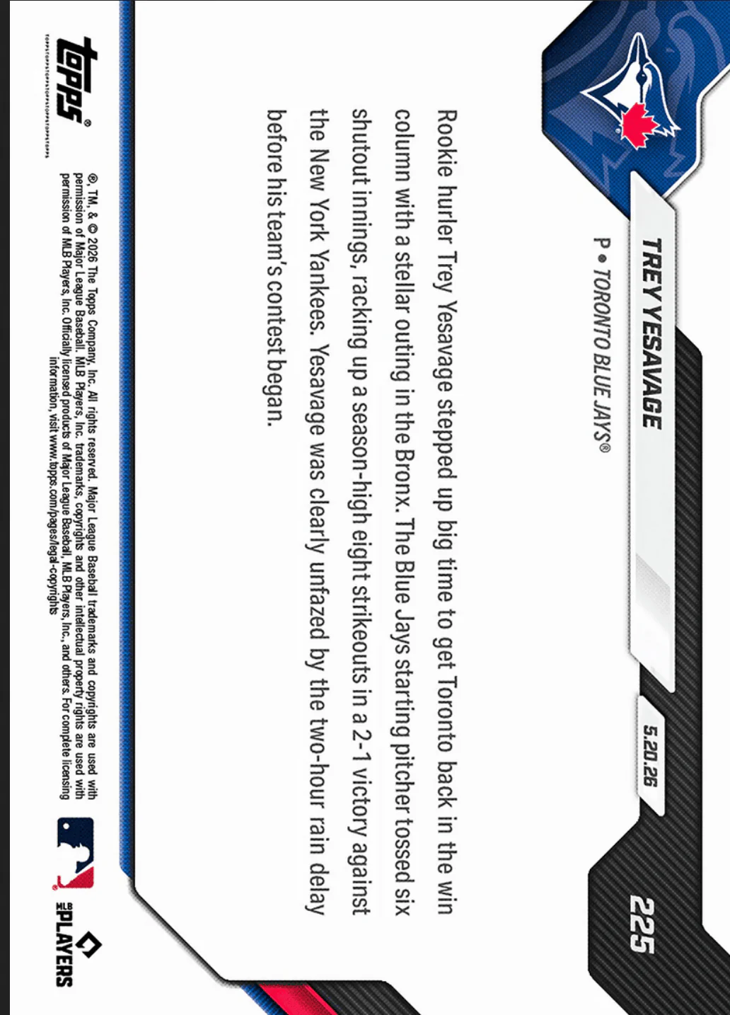 2026 Topps Now Trey Yesavage #225 Orange Foil /25 Outduels Schlittler in Match Up of Rookie Hurlers Toronto Blue Jays Rookie RC Baseball Card - Image 2