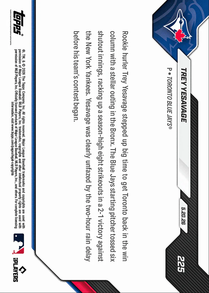 2026 Topps Now Trey Yesavage #225 Outduels Schlittler in Match Up of Rookie Hurlers Toronto Blue Jays Rookie RC Baseball Card - Image 2