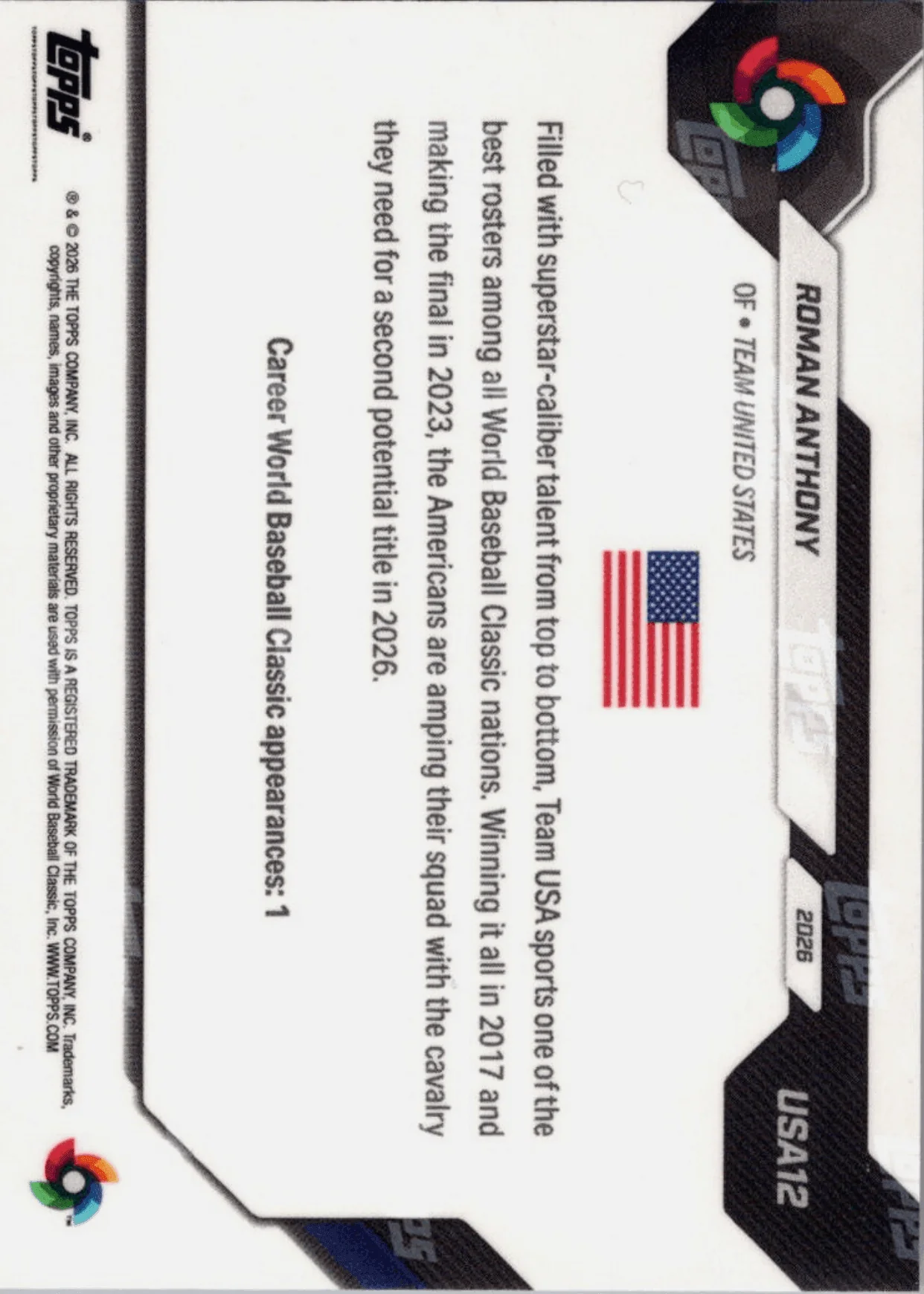 2026 Topps Now WBC Roman Anthony #USA12 Logo Refractor Team USA Baseball Card - Image 2