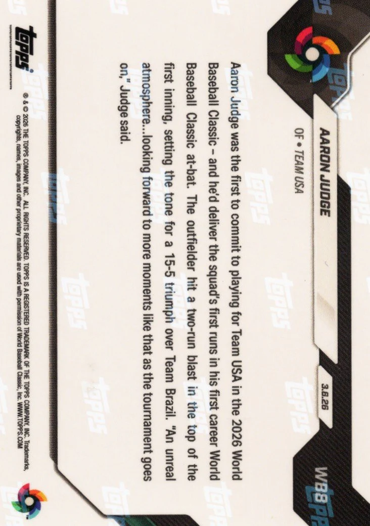 2026 Topps Now World Baseball Classic Aaron Judge #WB8 Black Foil /10 Slugs HR in 1st World Baseball Classic At-Bat Team USA Baseball Card - Image 2