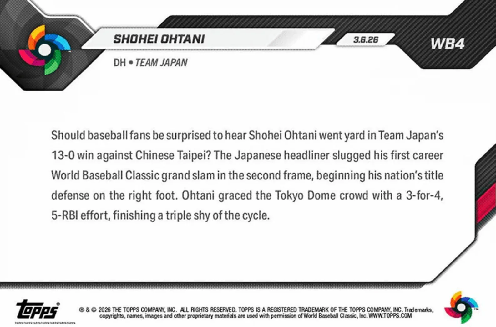 2026 Topps Now World Baseball Classic Shohei Ohtani #WB4 1st Career World Baseball Classic Grand Slam Team Japan Baseball Card - Image 2