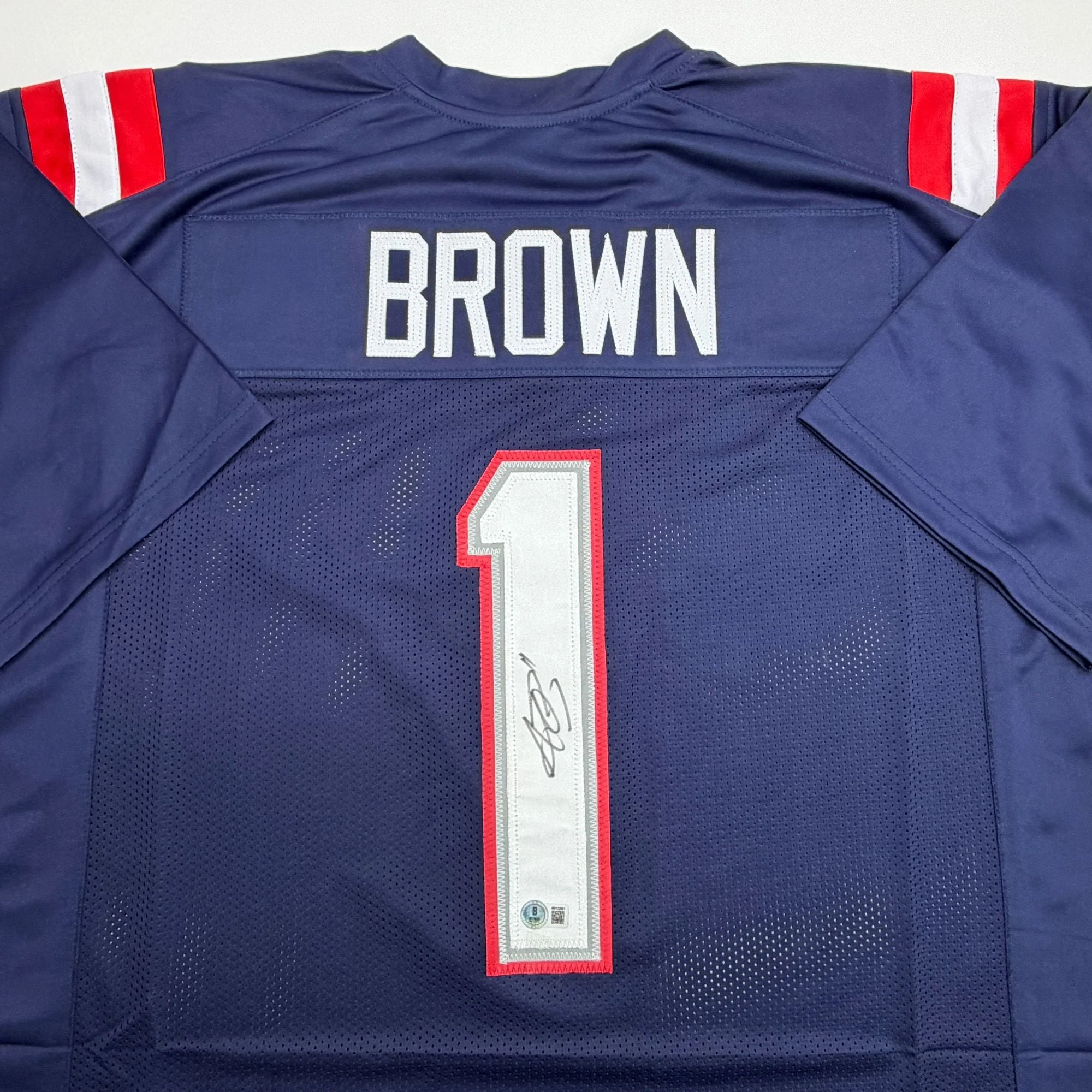 Autographed/Signed AJ A.J. Brown New England Patriots Blue Football Jersey Beckett BAS COA - Image 2