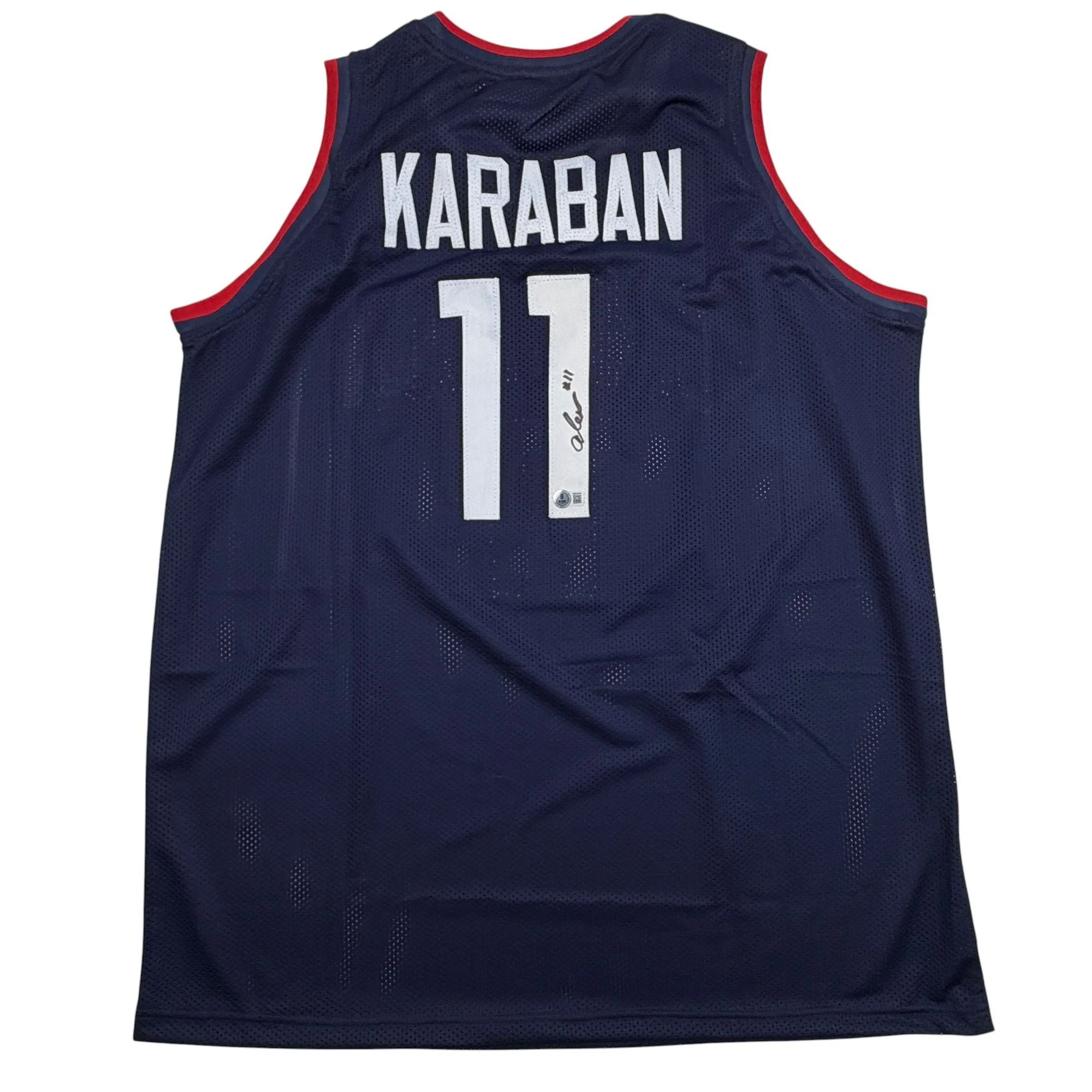 Autographed/Signed Alex Karaban UConn Connecticut Blue College Basketball Jersey Beckett BAS COA