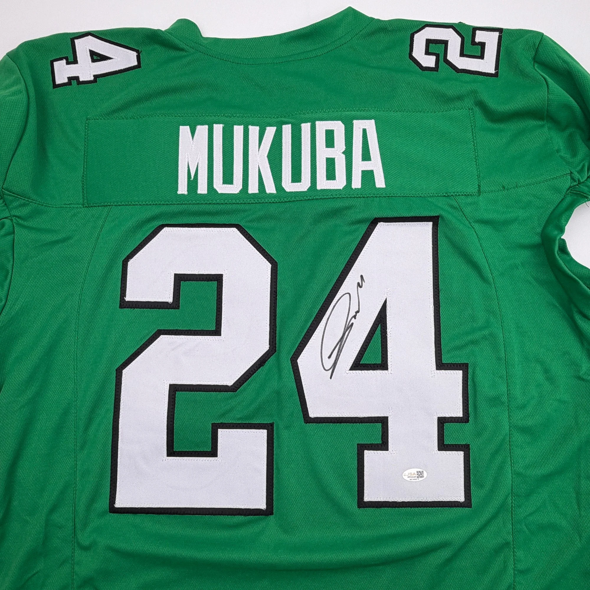 Autographed/Signed Andrew Mukuba Philadelphia Kelly Green Pro Cut Football Jersey JSA COA - Image 2