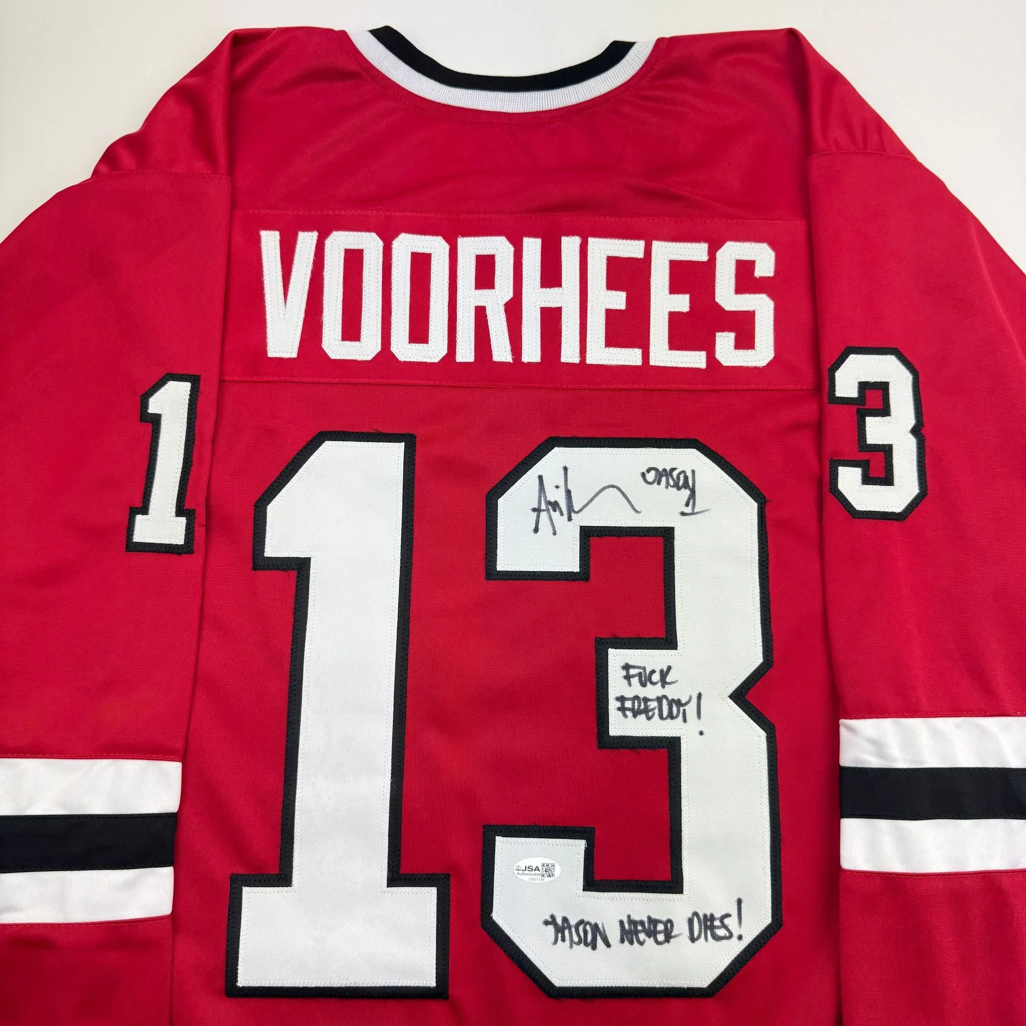 Autographed/Signed Ari Lehman Jason Voorhees Friday The 13th Movie Red Jersey JSA COA - Image 2