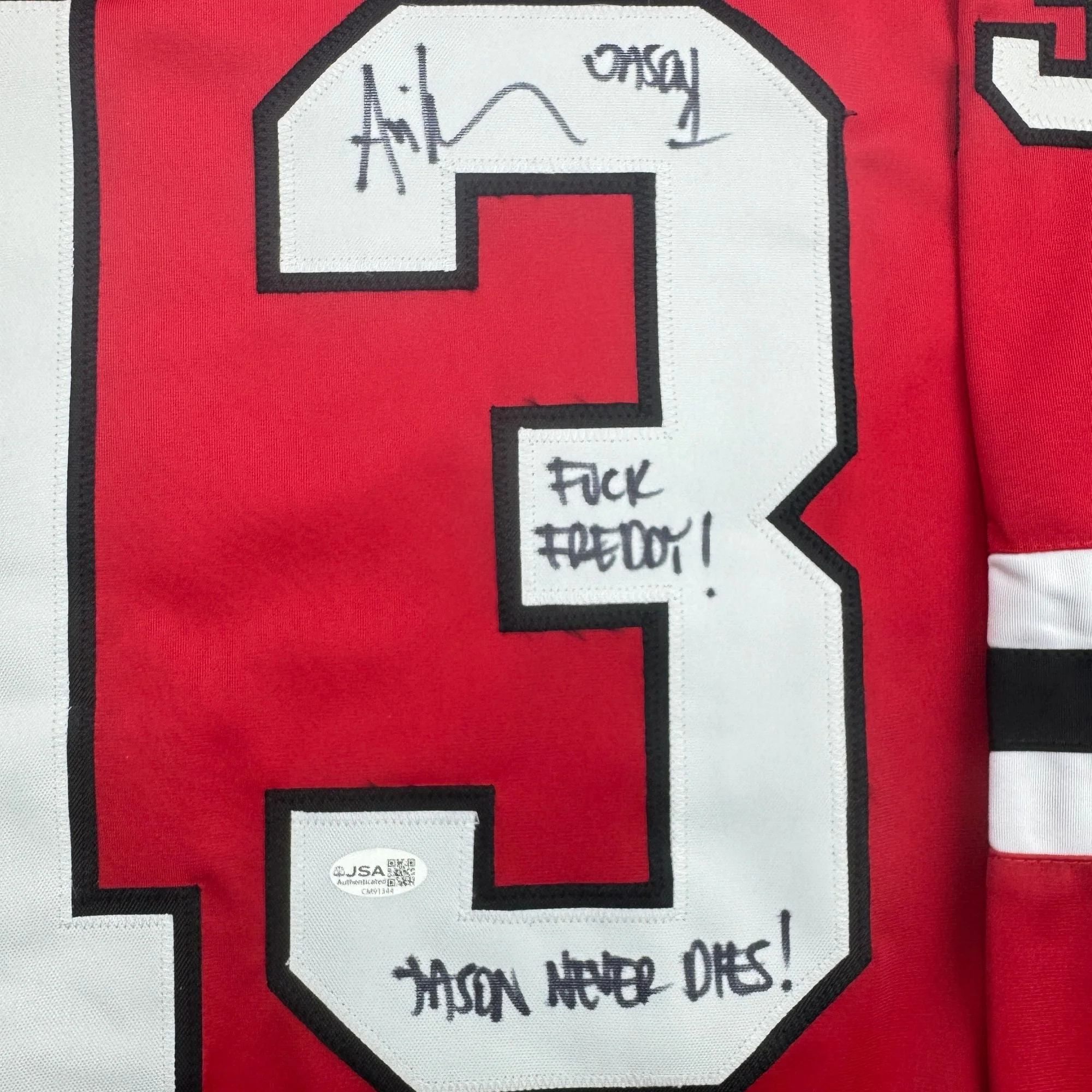Autographed/Signed Ari Lehman Jason Voorhees Friday The 13th Movie Red Jersey JSA COA - Image 3