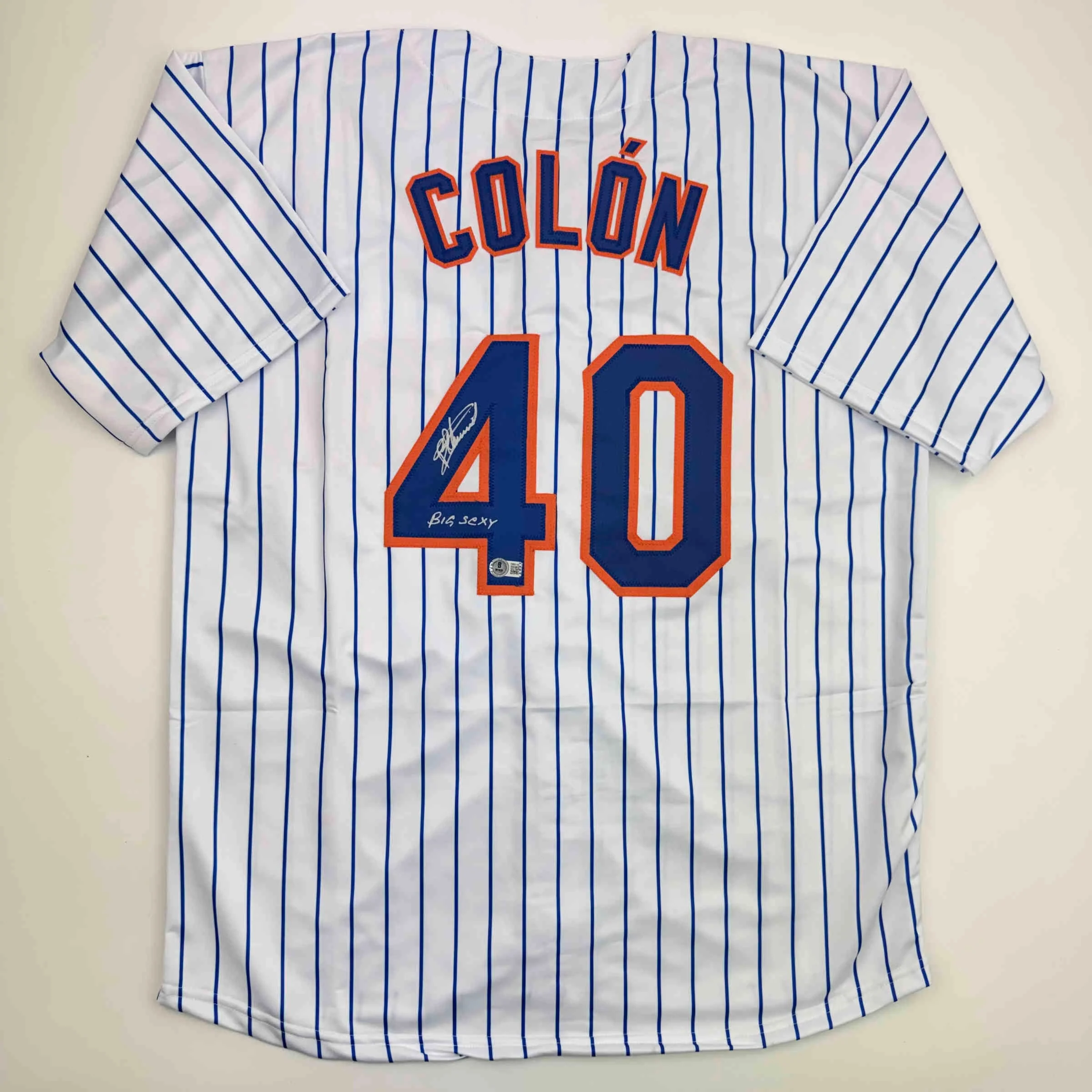 Autographed/Signed Bartolo Colon Inscribed Big Sexy New York Pinstripe Baseball Jersey Beckett BAS COA