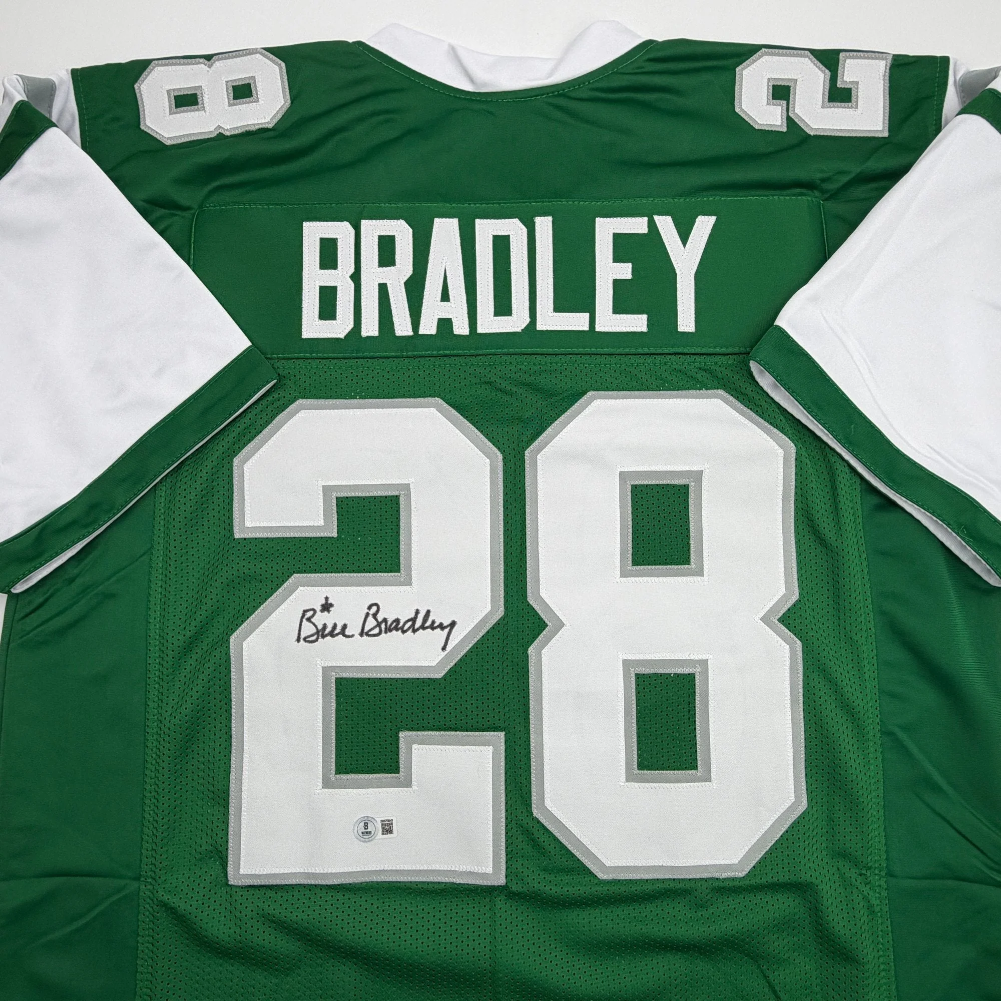 Autographed/Signed Bill Bradley Philadelphia Kelly Green Football Jersey Beckett BAS COA - Image 2