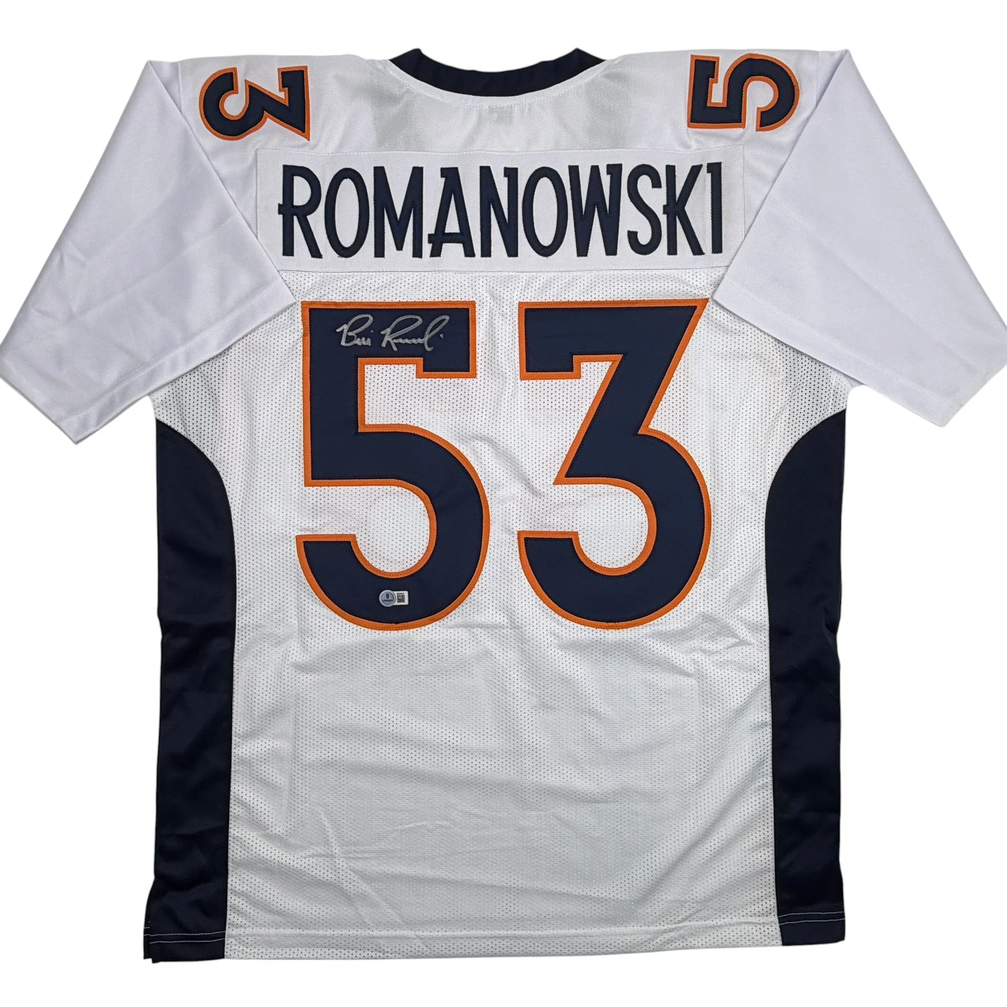 Autographed/Signed Bill Romanowski Denver White Football Jersey Beckett BAS COA