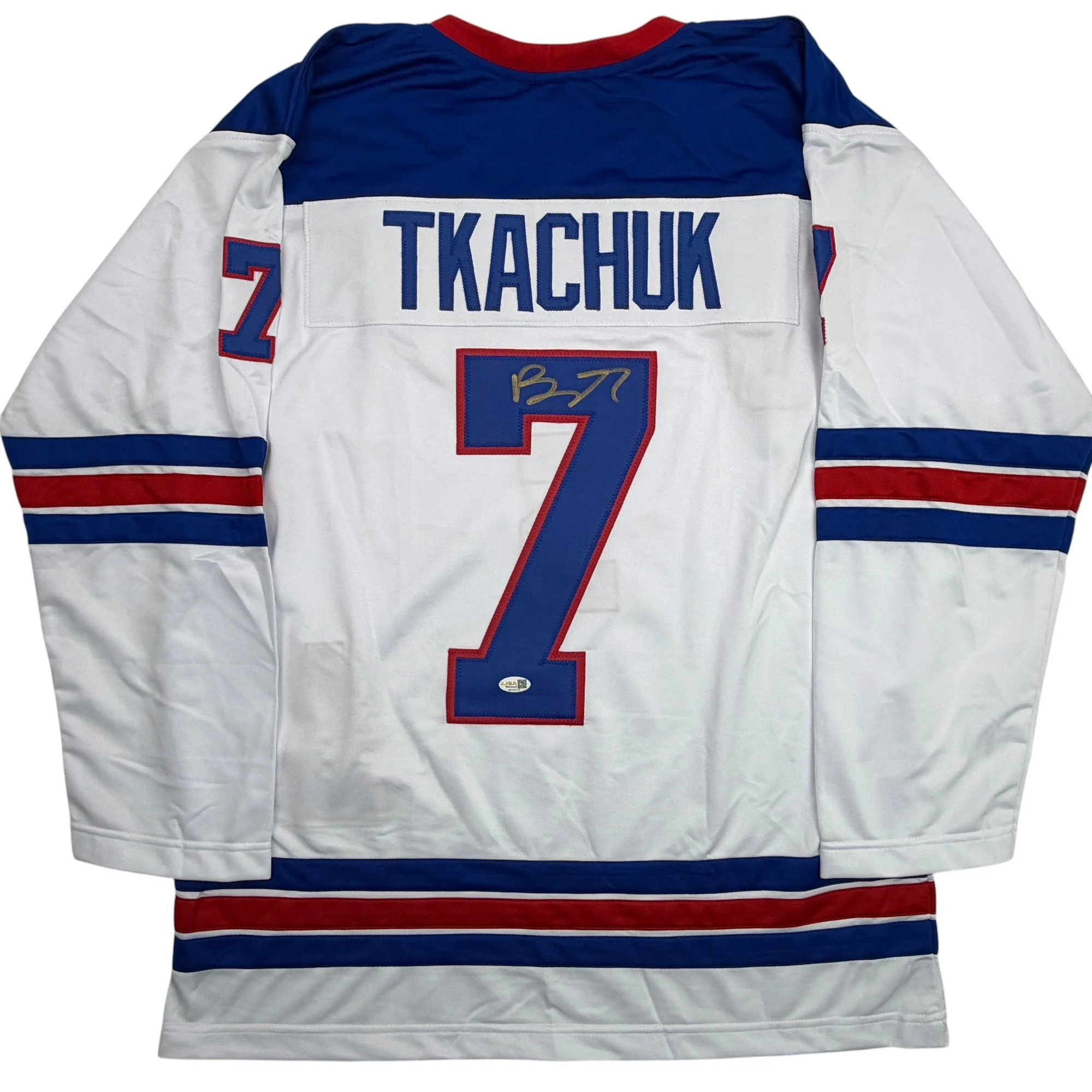 Autographed/Signed Brady Tkachuk USA United States 2026 Olympics Gold Medal White Hockey Jersey JSA COA