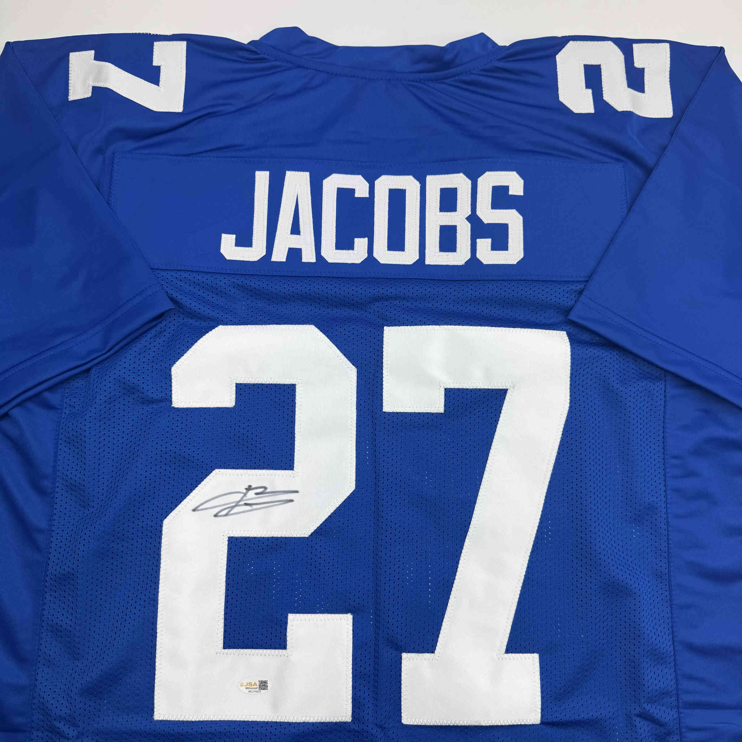Autographed/Signed Brandon Jacobs New York Blue Football Jersey Beckett BAS COA - Image 2