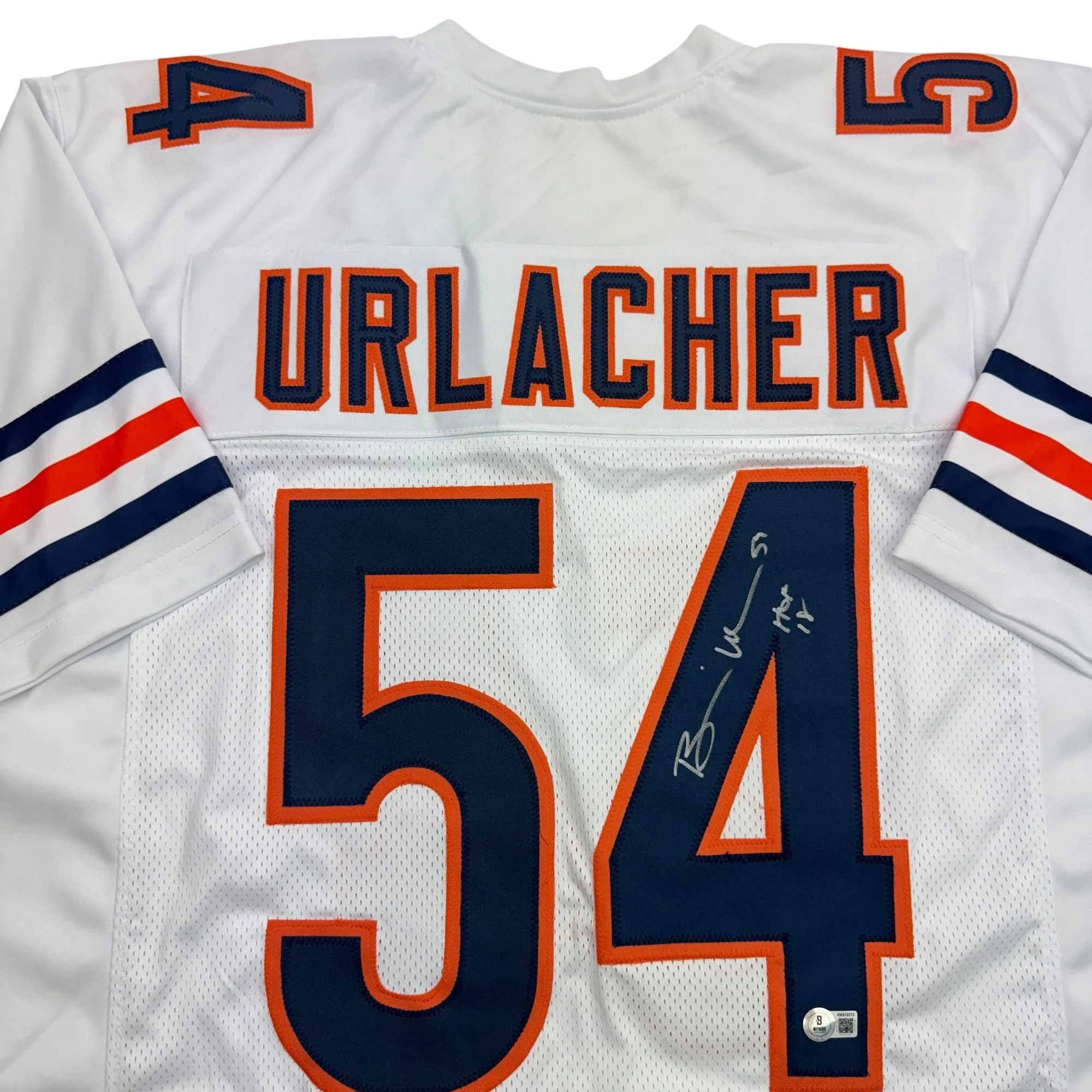 Autographed/Signed Brian Urlacher HOF 18 Chicago White Football Jersey Beckett BAS COA - Image 2