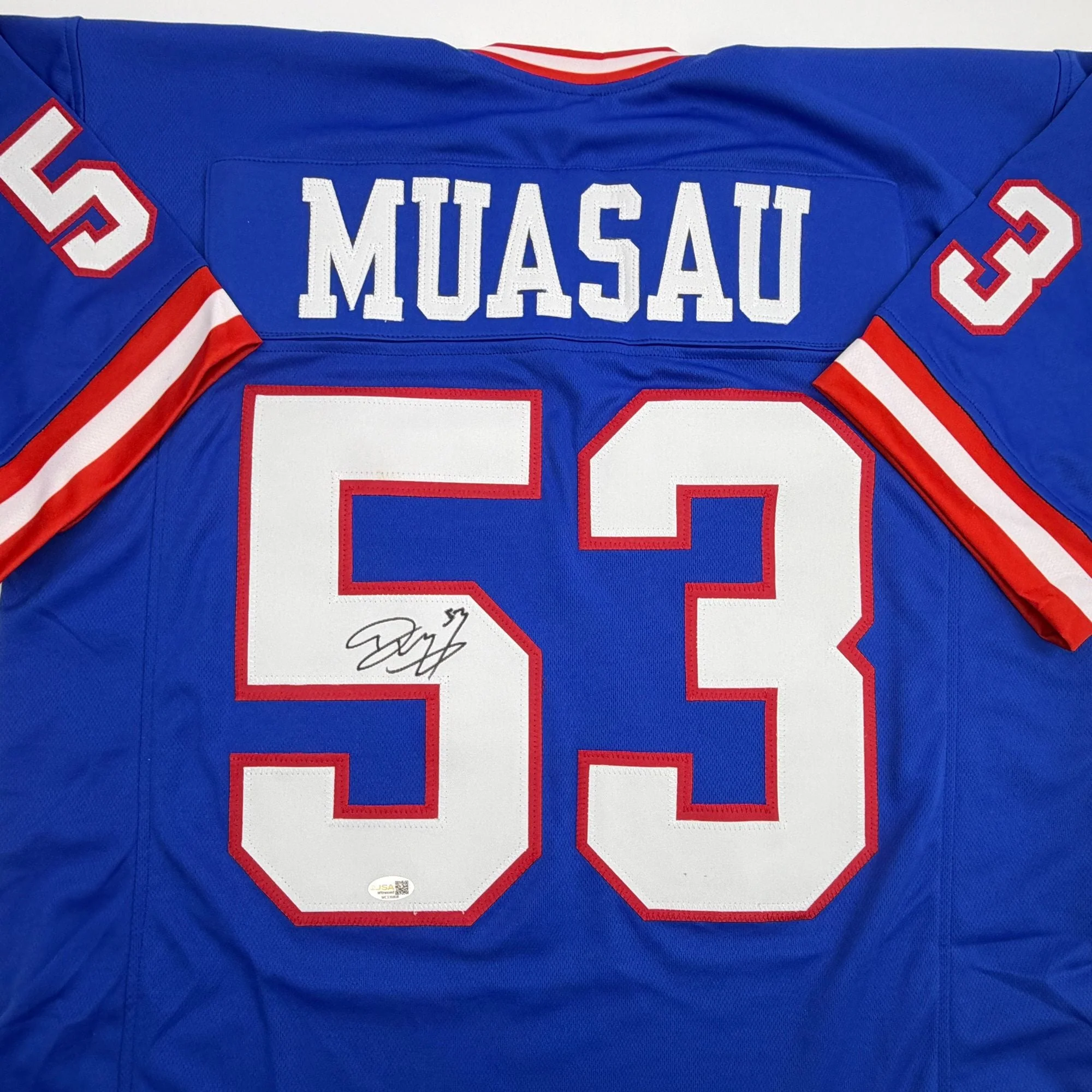 Autographed/Signed Darius Muasau New York Blue Retro Football Jersey JSA COA - Image 2