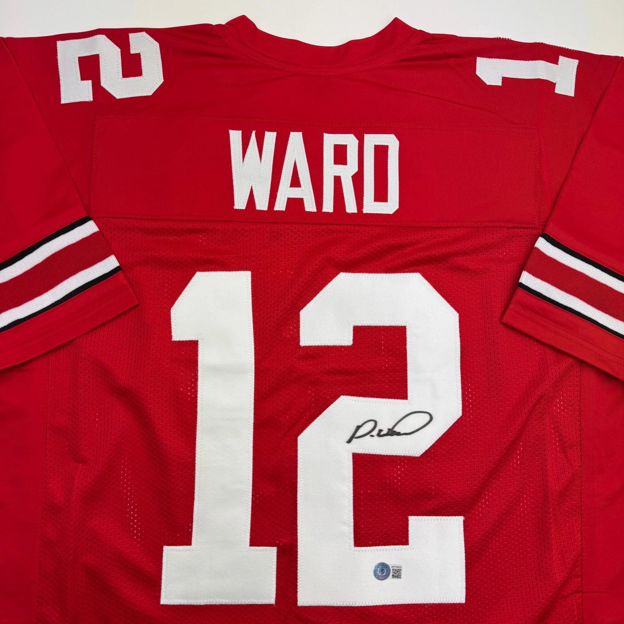 Autographed/Signed Denzel Ward Ohio State Red College Football Jersey Beckett BAS COA - Image 2