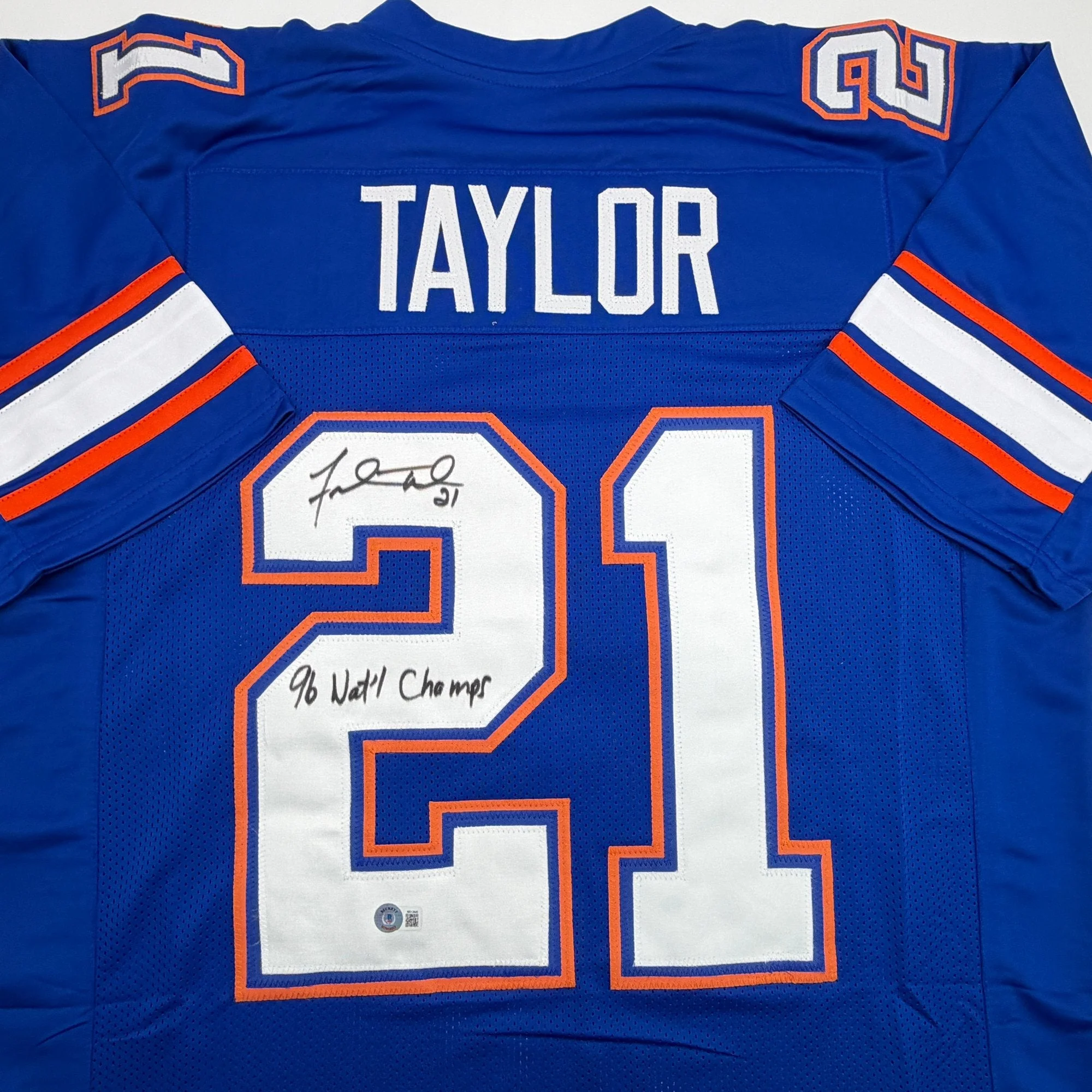 Autographed/Signed Fred Taylor 96 National Champs Florida Blue College Football Jersey Beckett BAS COA - Image 2