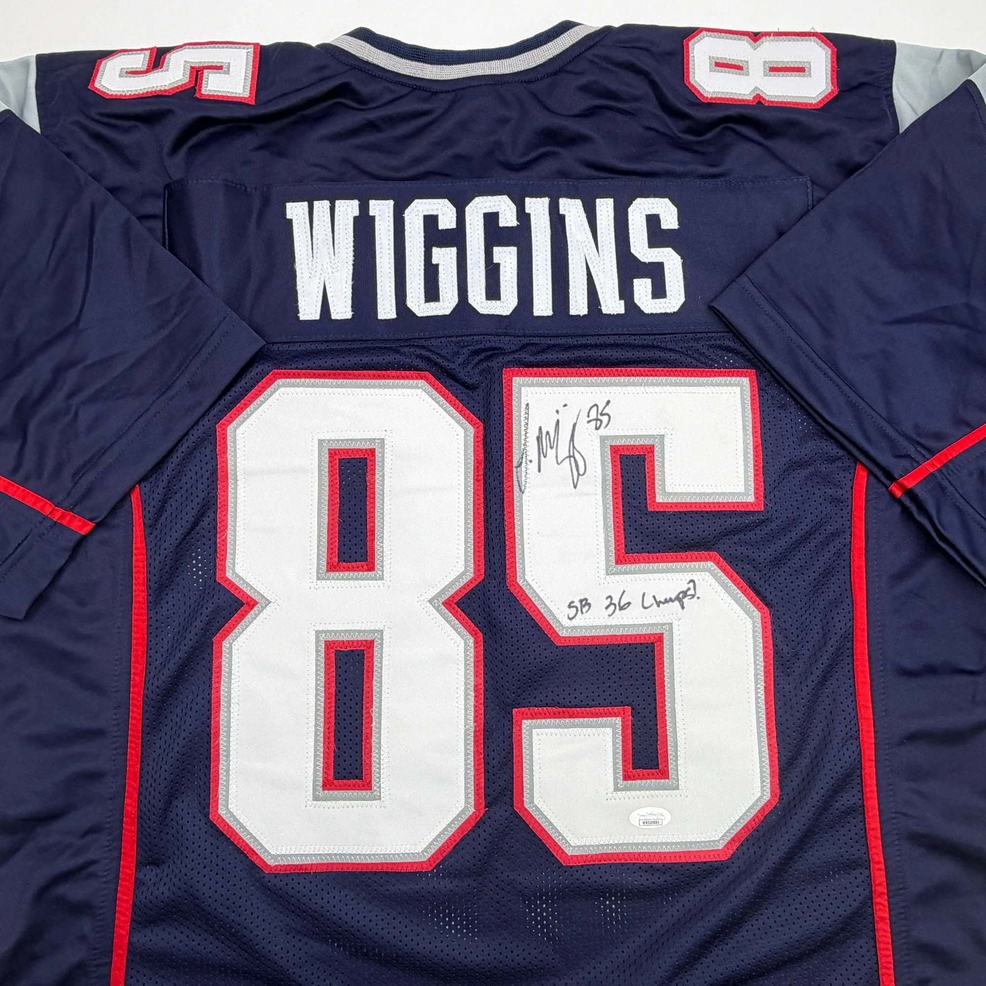 Autographed/Signed Jermaine Wiggins SB 36 Champs New England Blue Football Jersey JSA COA - Image 2