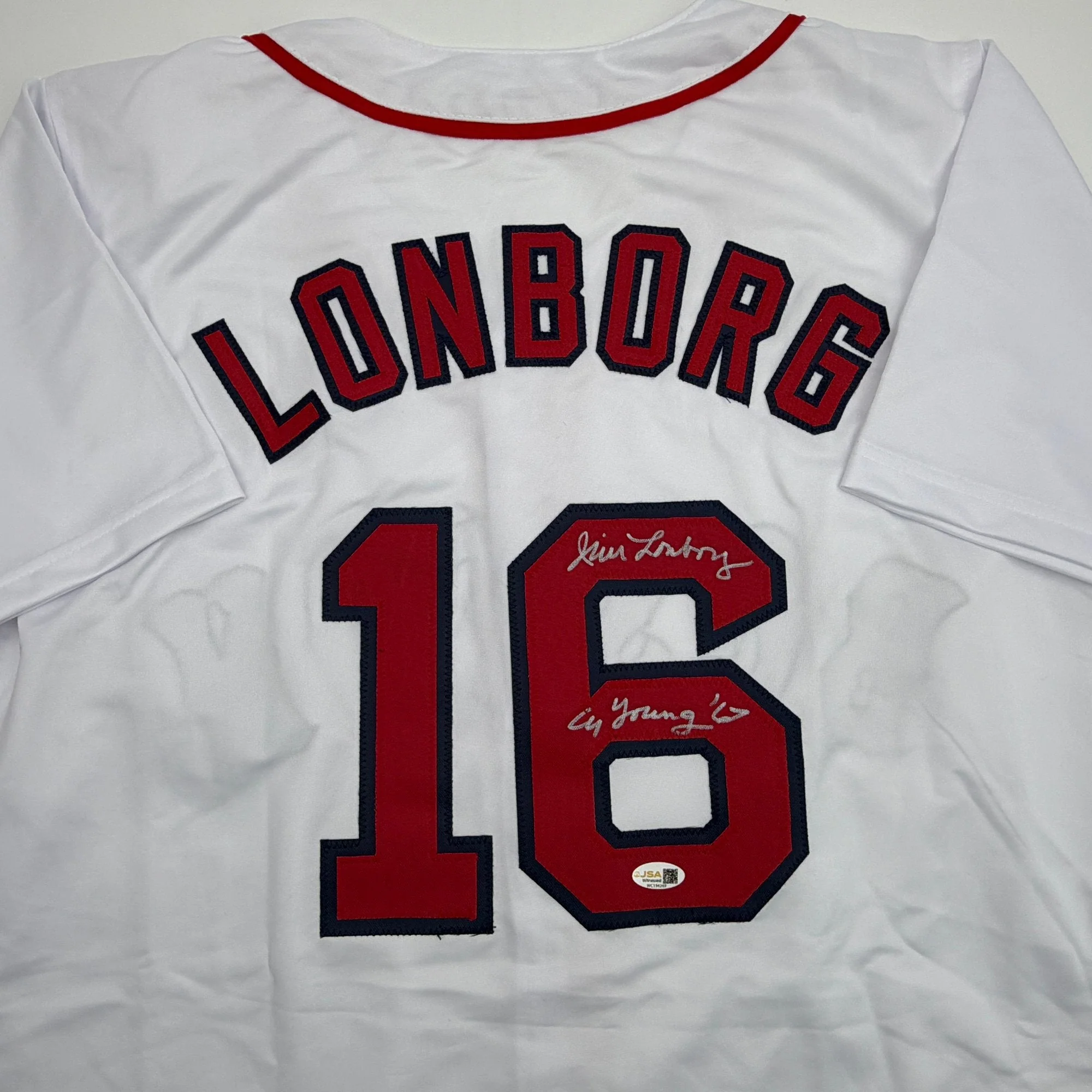Autographed/Signed Jim Lonborg Cy Young 67 Boston White Baseball Jersey JSA COA - Image 2