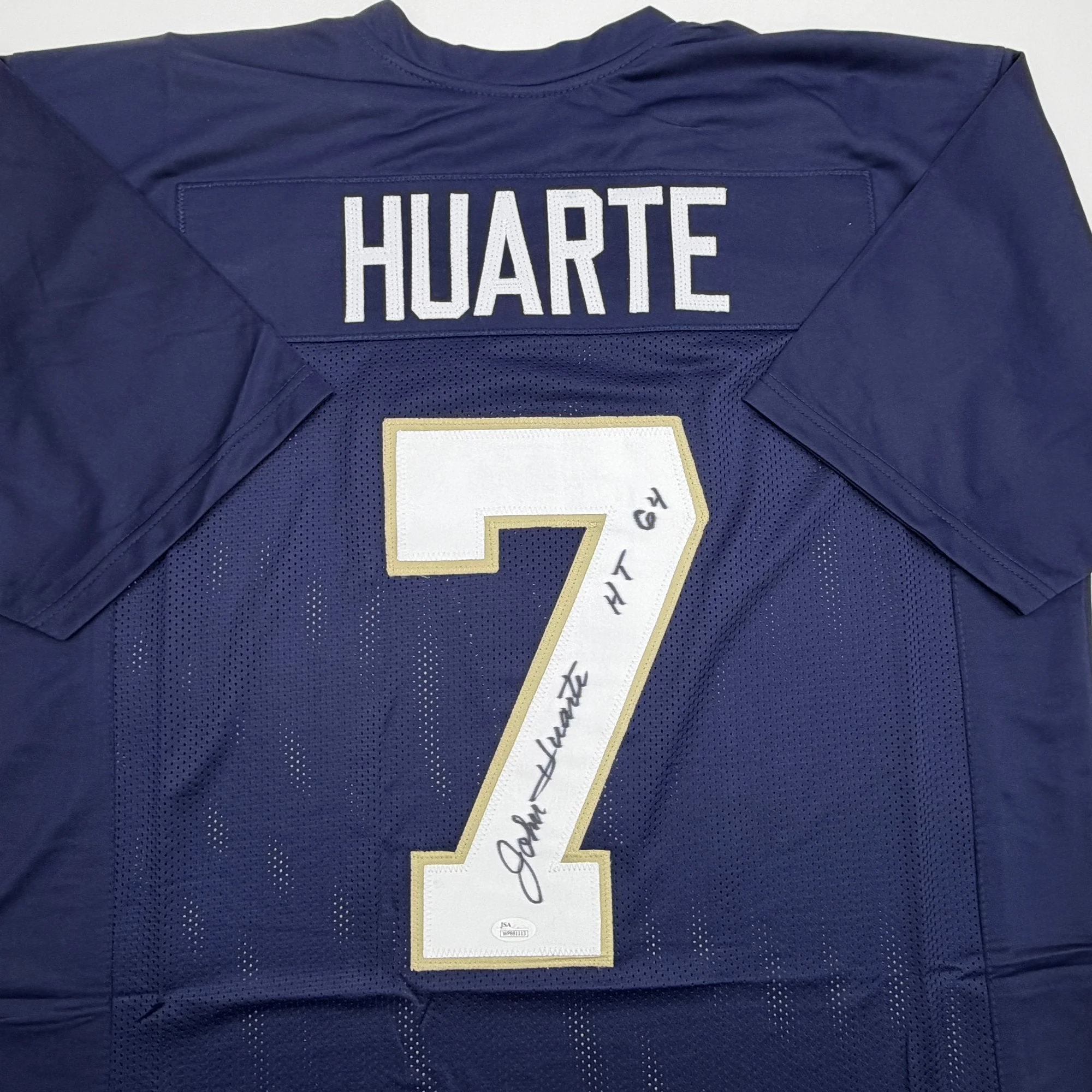 Autographed/Signed John Huarte HT 64 Notre Dame Blue College Football Jersey JSA COA - Image 2