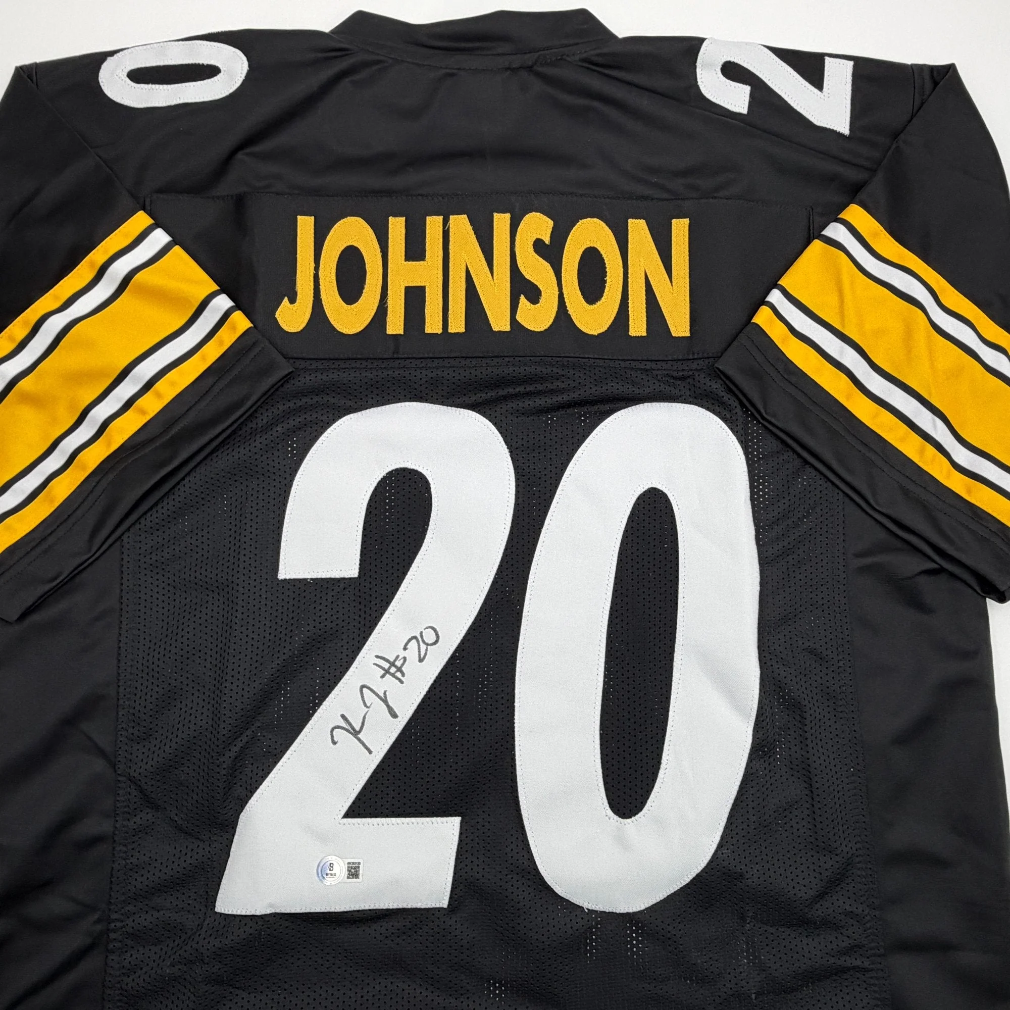 Autographed/Signed Kaleb Johnson Pittsburgh Black Football Jersey Beckett BAS COA - Image 2