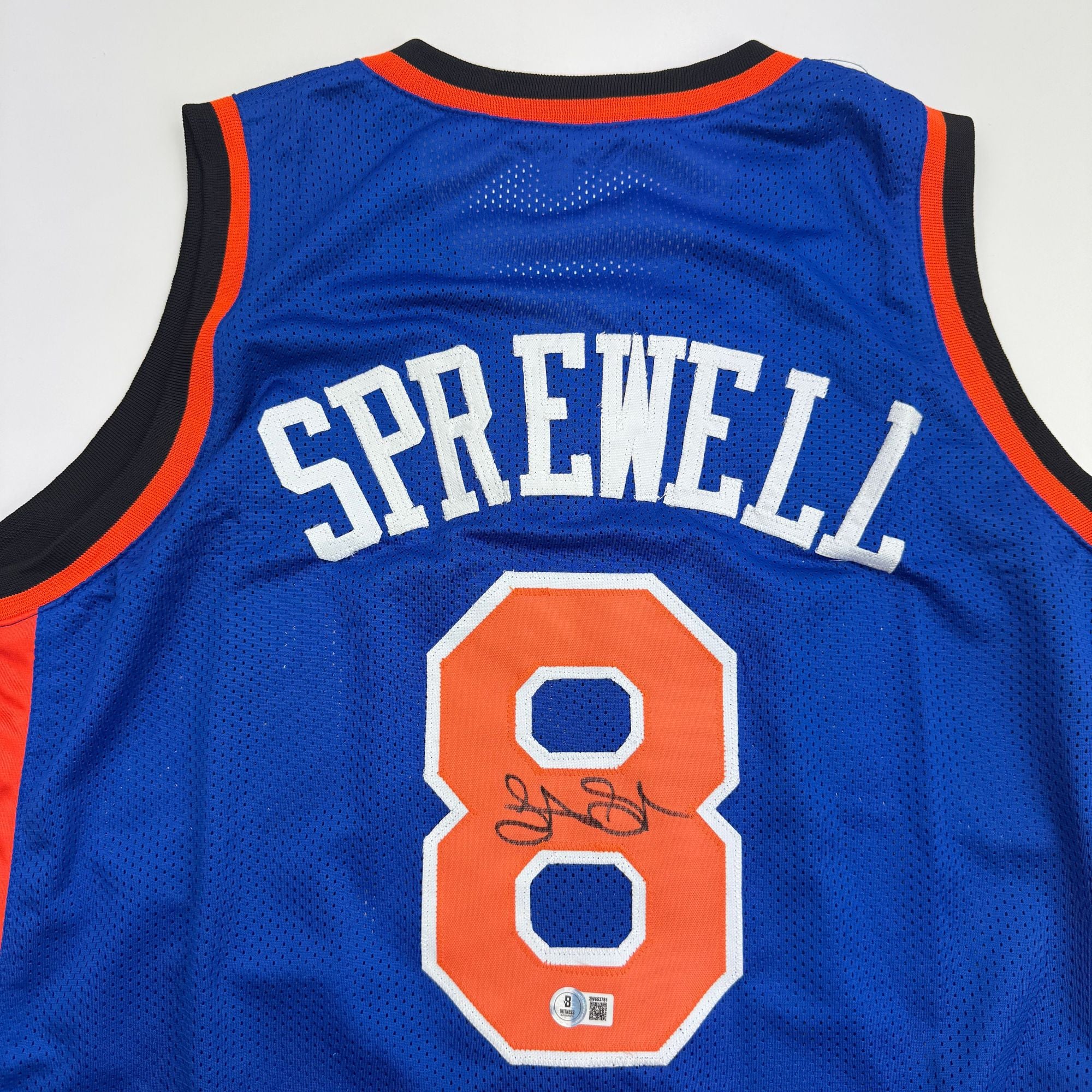 Autographed/Signed Latrell Sprewell New York Blue Basketball Jersey Beckett BAS COA - Image 2