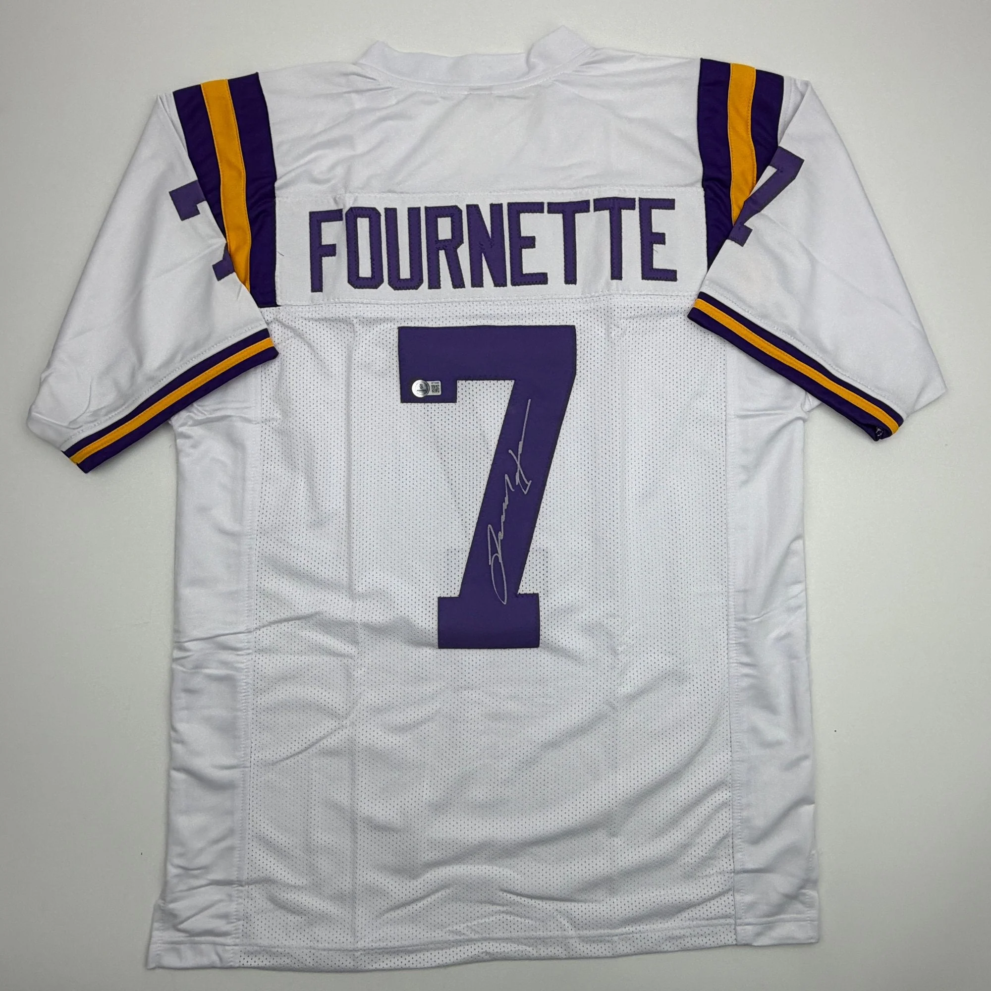 Autographed/Signed Leonard Fournette LSU White College Football Jersey Beckett BAS COA