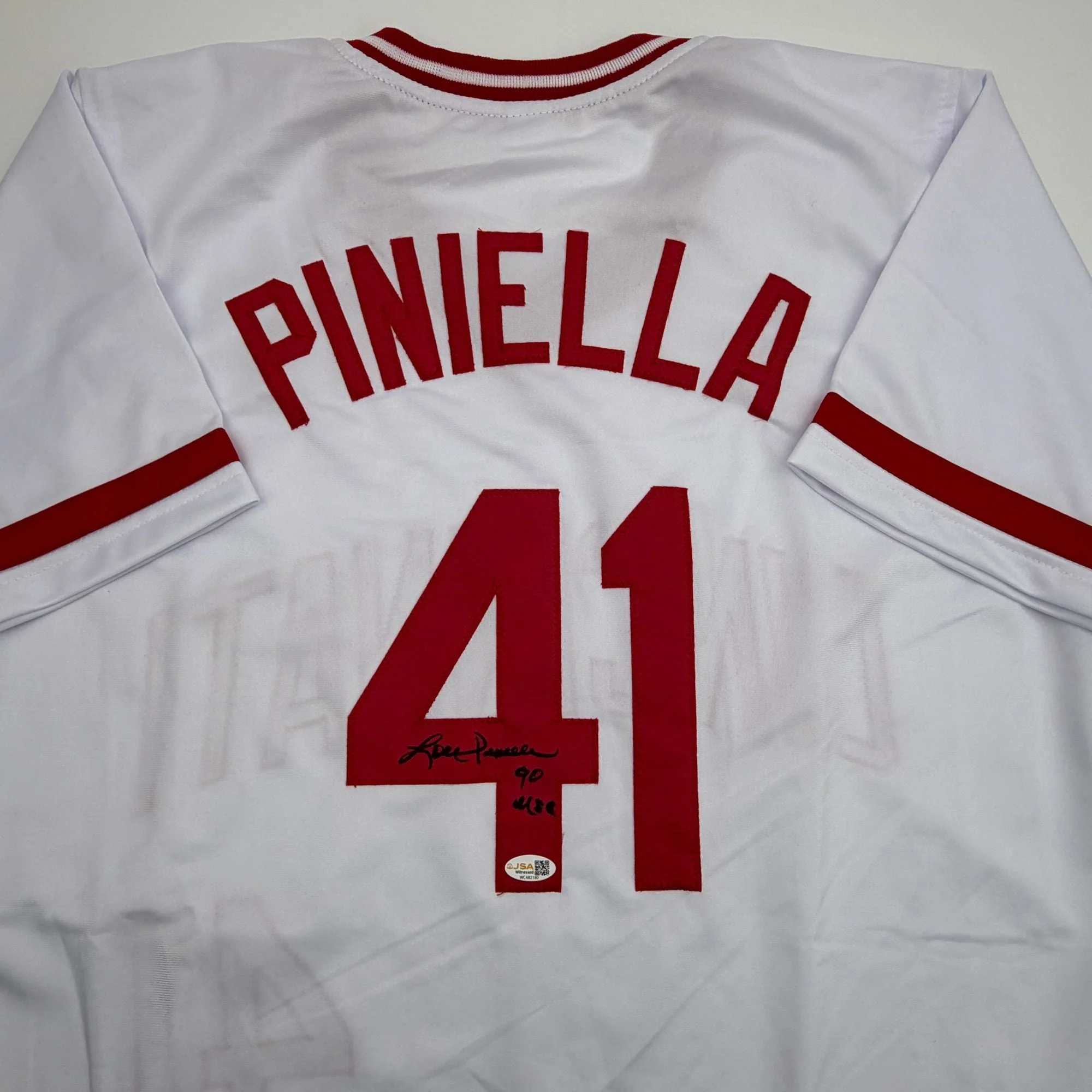 Autographed/Signed Lou Piniella 90 WSC Cincinnati White Baseball Jersey JSA COA - Image 2