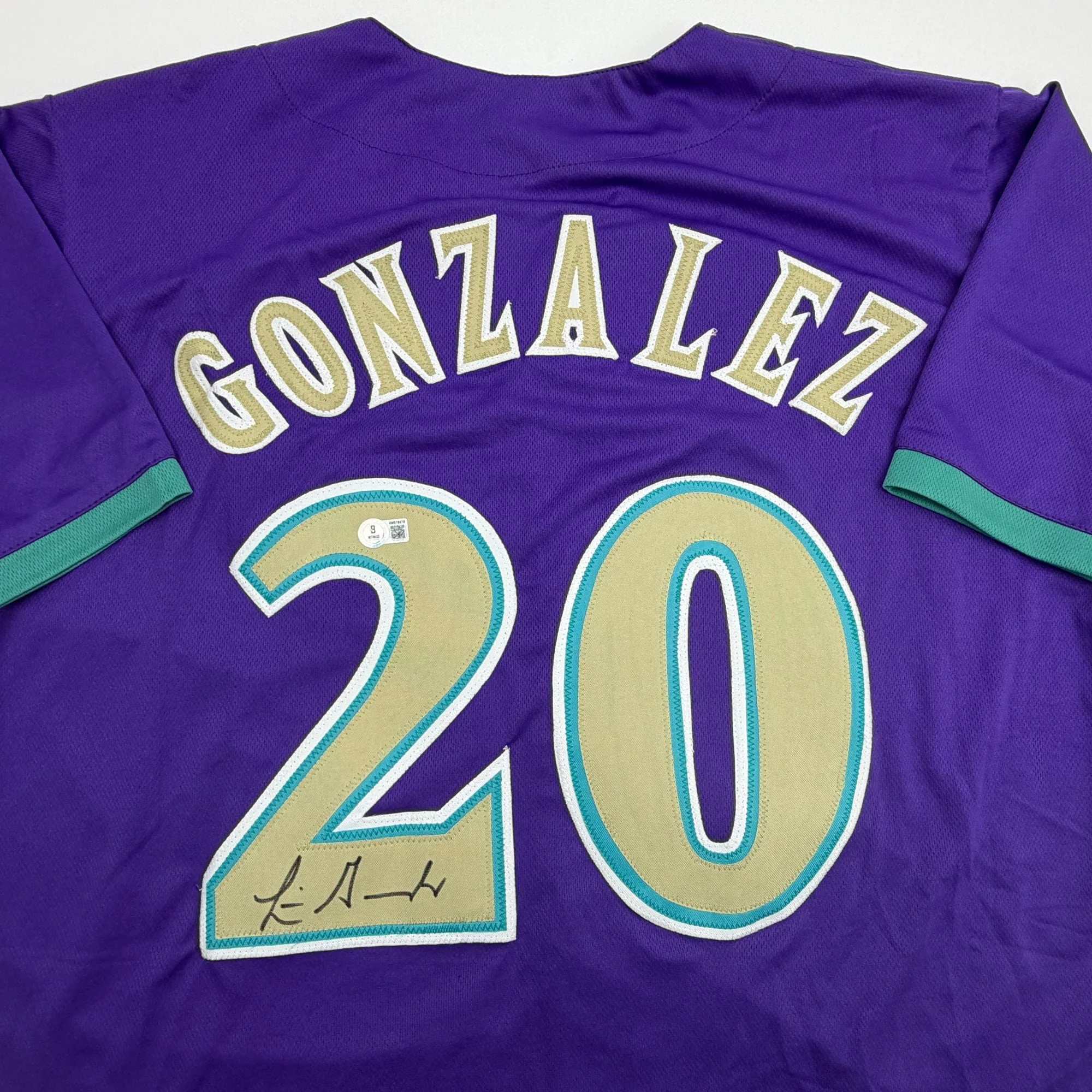 Autographed/Signed Luis Gonzalez Arizona Purple Baseball Jersey Beckett BAS COA - Image 2