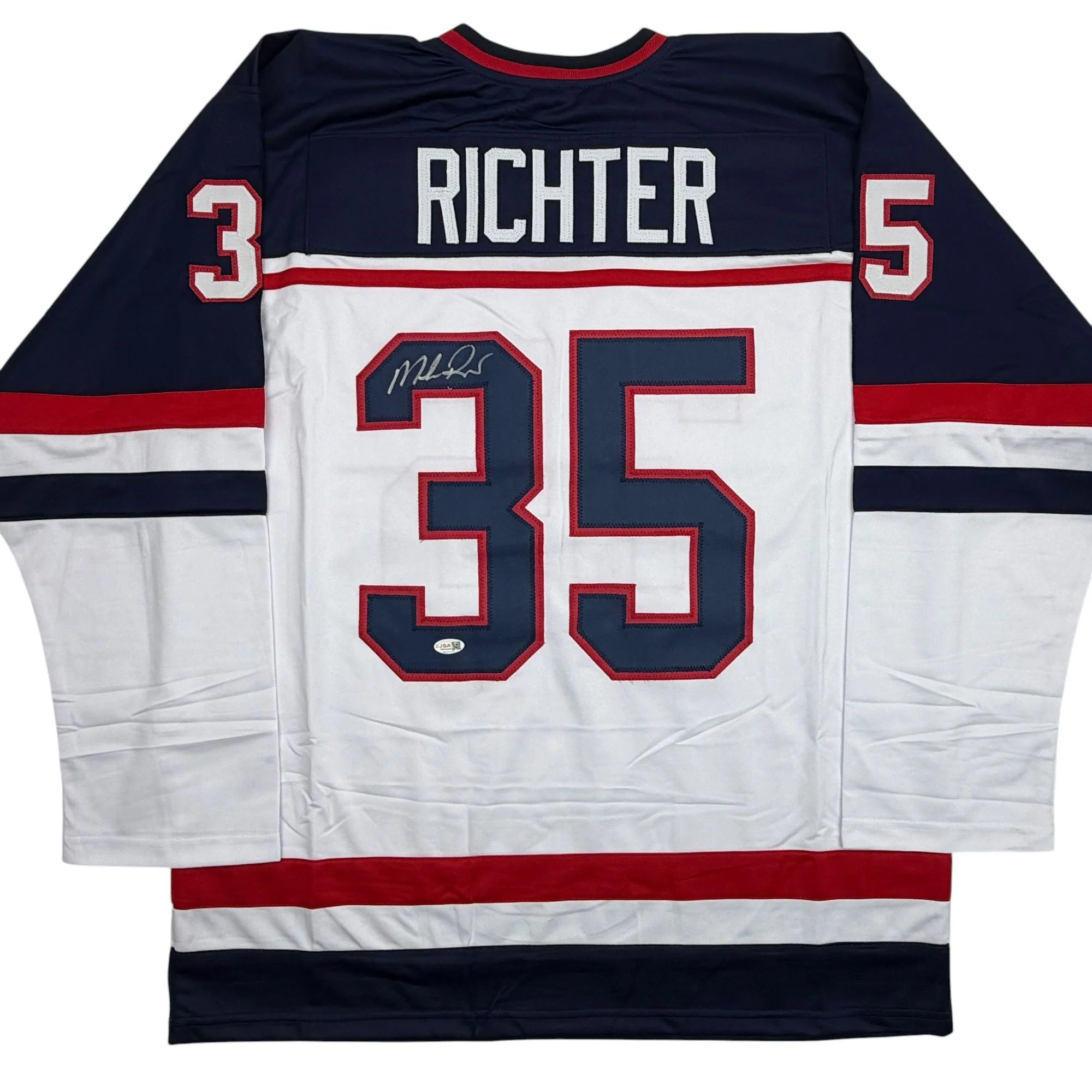 Autographed/Signed Mike Richter USA United States White Hockey Jersey JSA COA