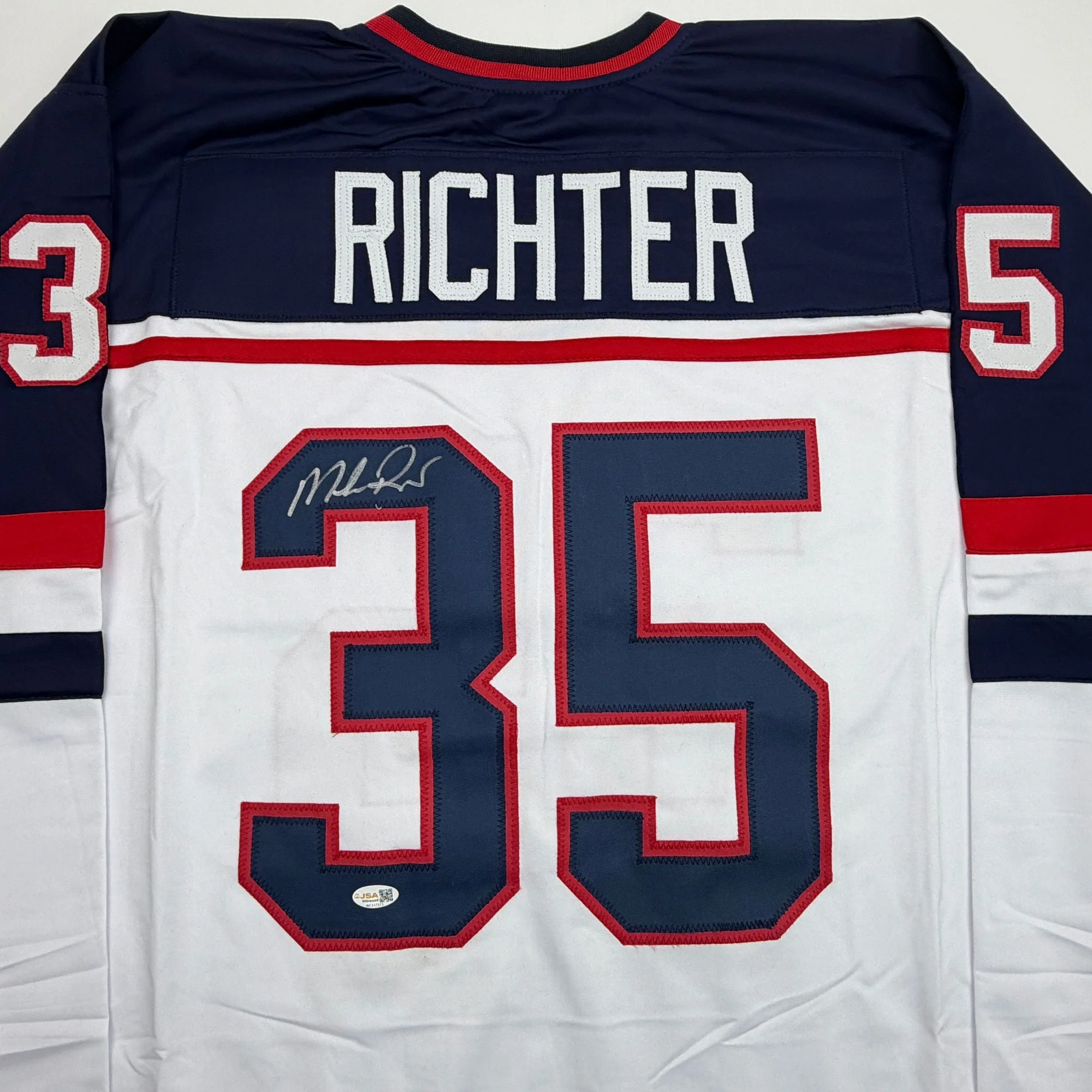 Autographed/Signed Mike Richter USA United States White Hockey Jersey JSA COA - Image 2