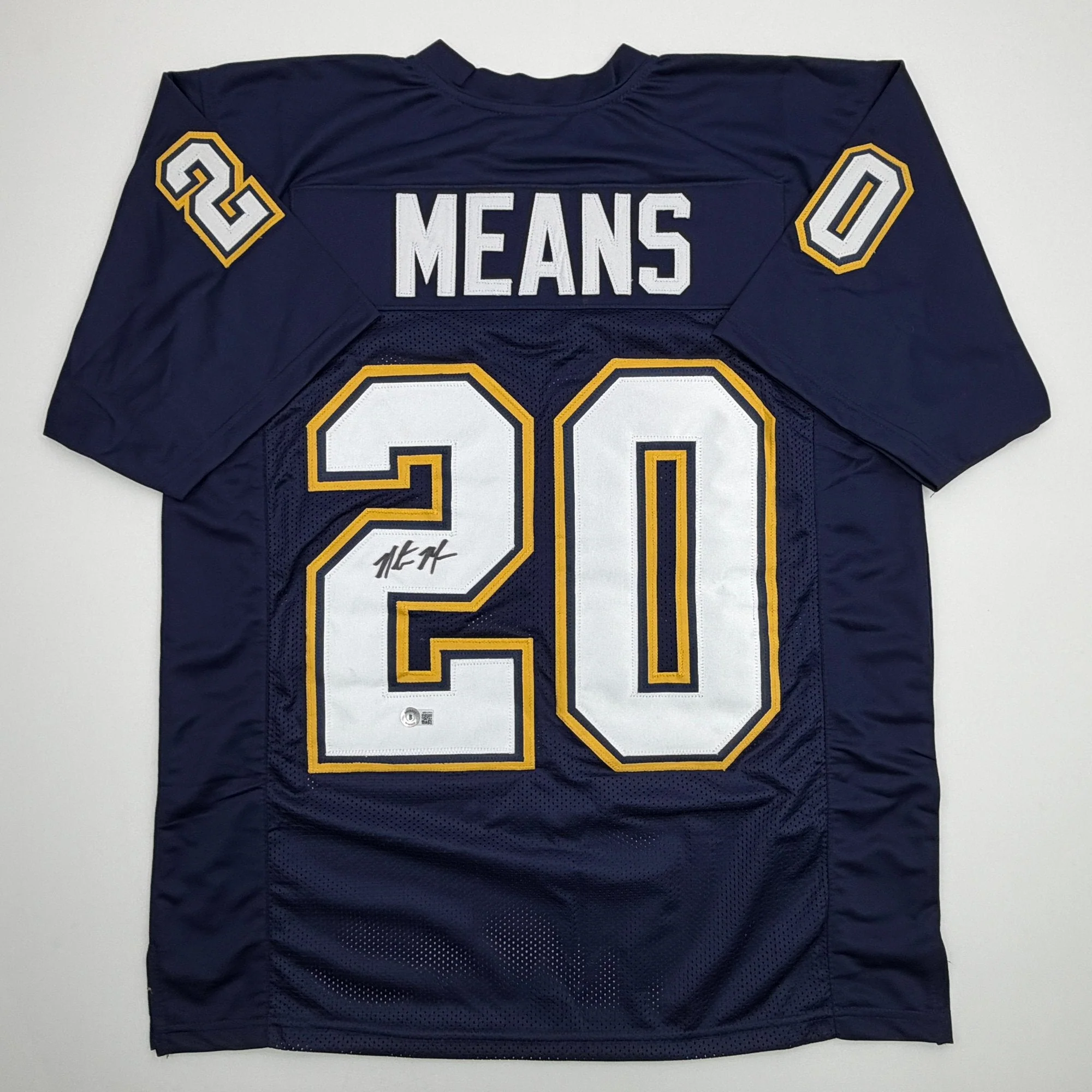 Autographed/Signed Natrone Means Los Angeles San Diego Navy Blue Football Jersey Beckett BAS COA