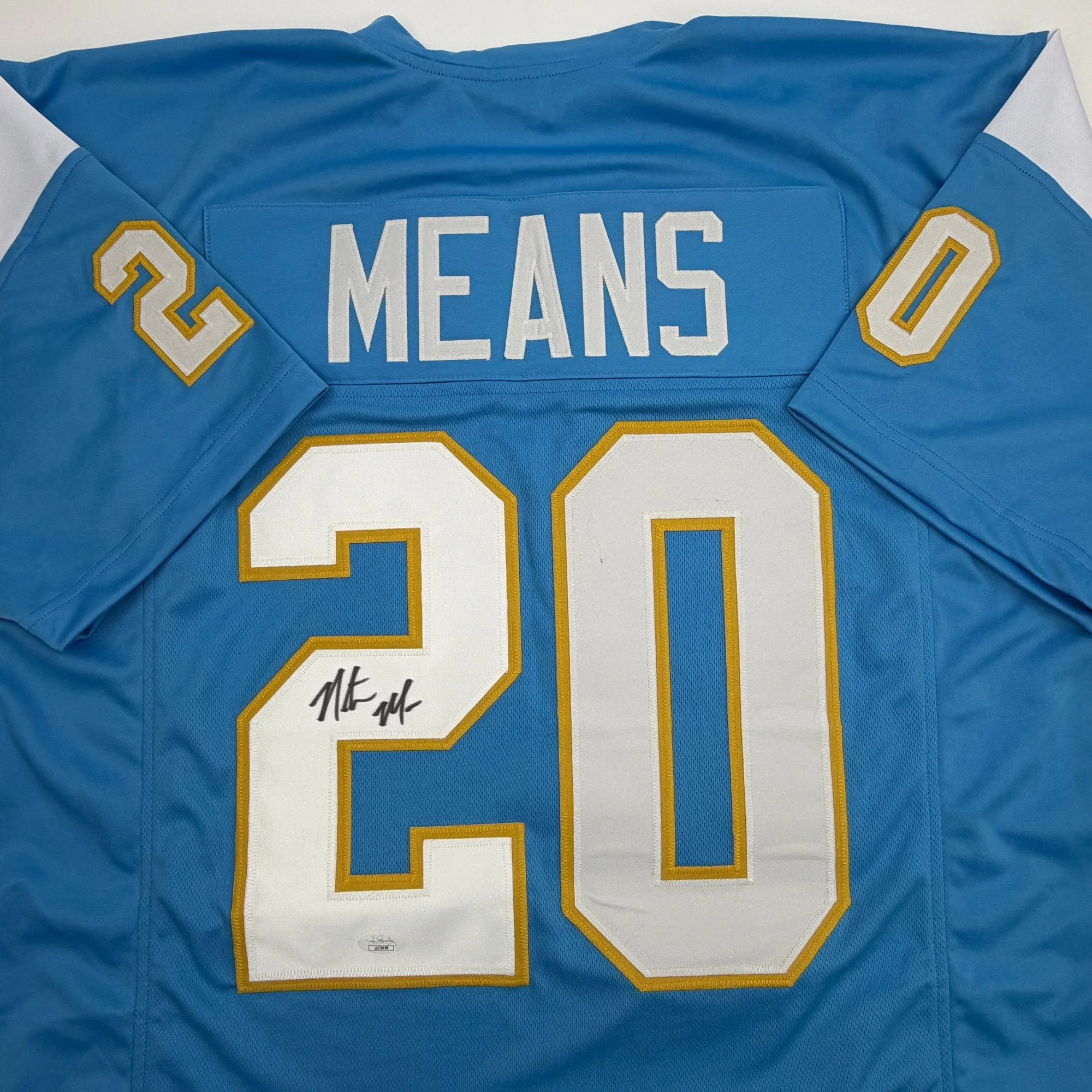 Autographed/Signed Natrone Means Los Angeles San Diego Powder Blue Football Jersey Beckett BAS COA - Image 2