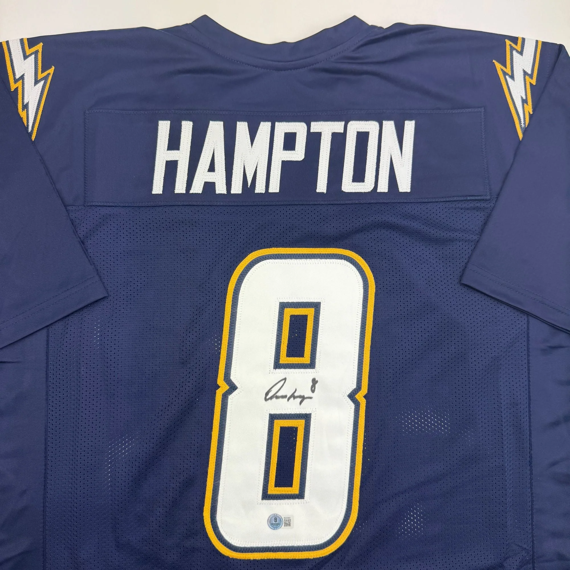 Autographed/Signed Omarion Hampton Los Angeles San Diego Dark Blue Football Jersey Beckett BAS COA - Image 2
