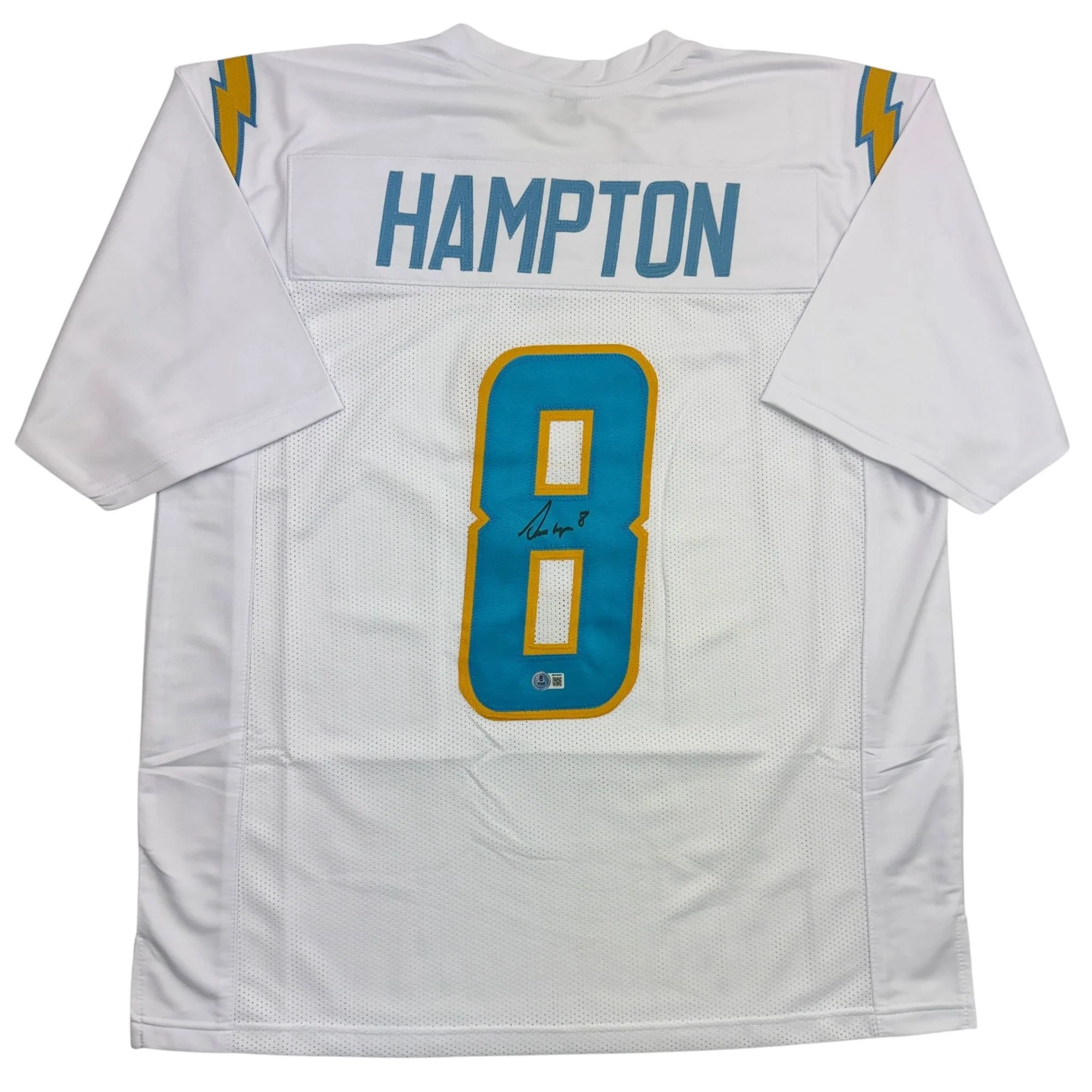 Autographed/Signed Omarion Hampton Los Angeles San Diego White Football Jersey Beckett BAS COA