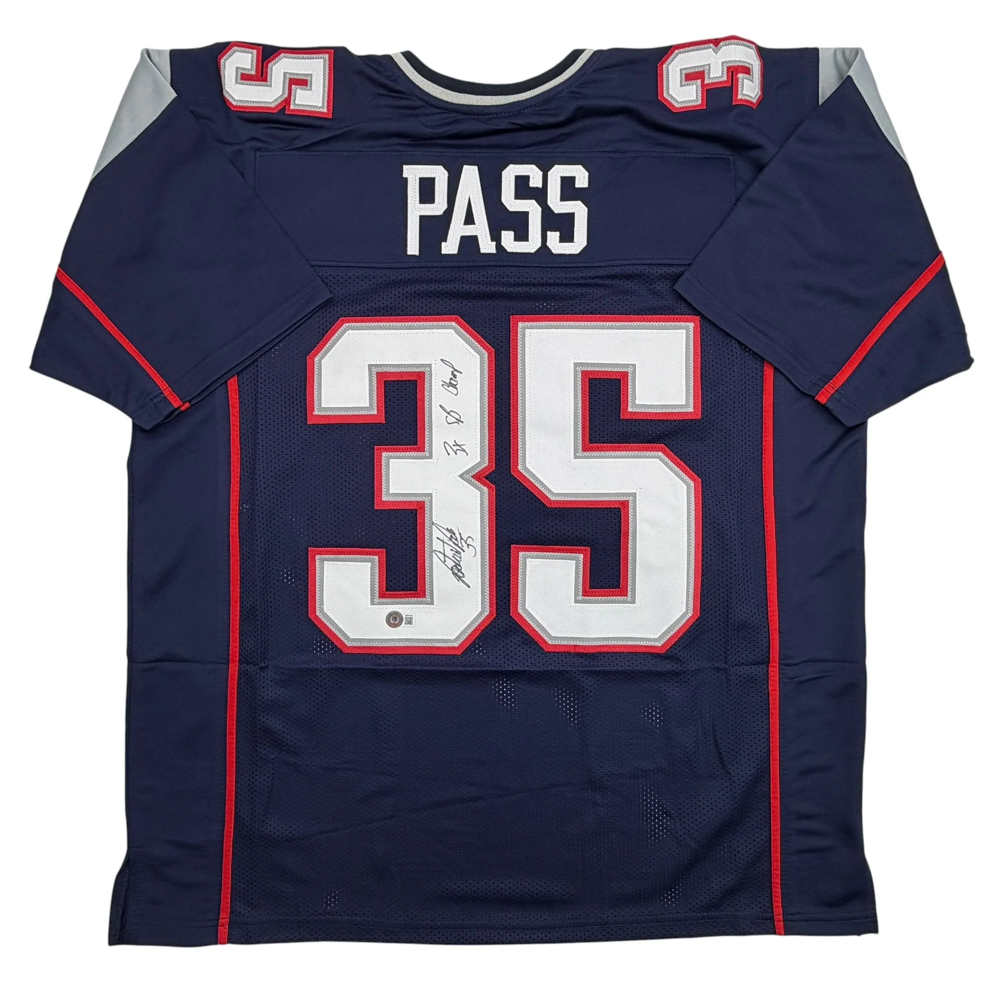 Autographed/Signed Patrick Pass 3x SB Champ New England Blue Football Jersey Beckett BAS COA