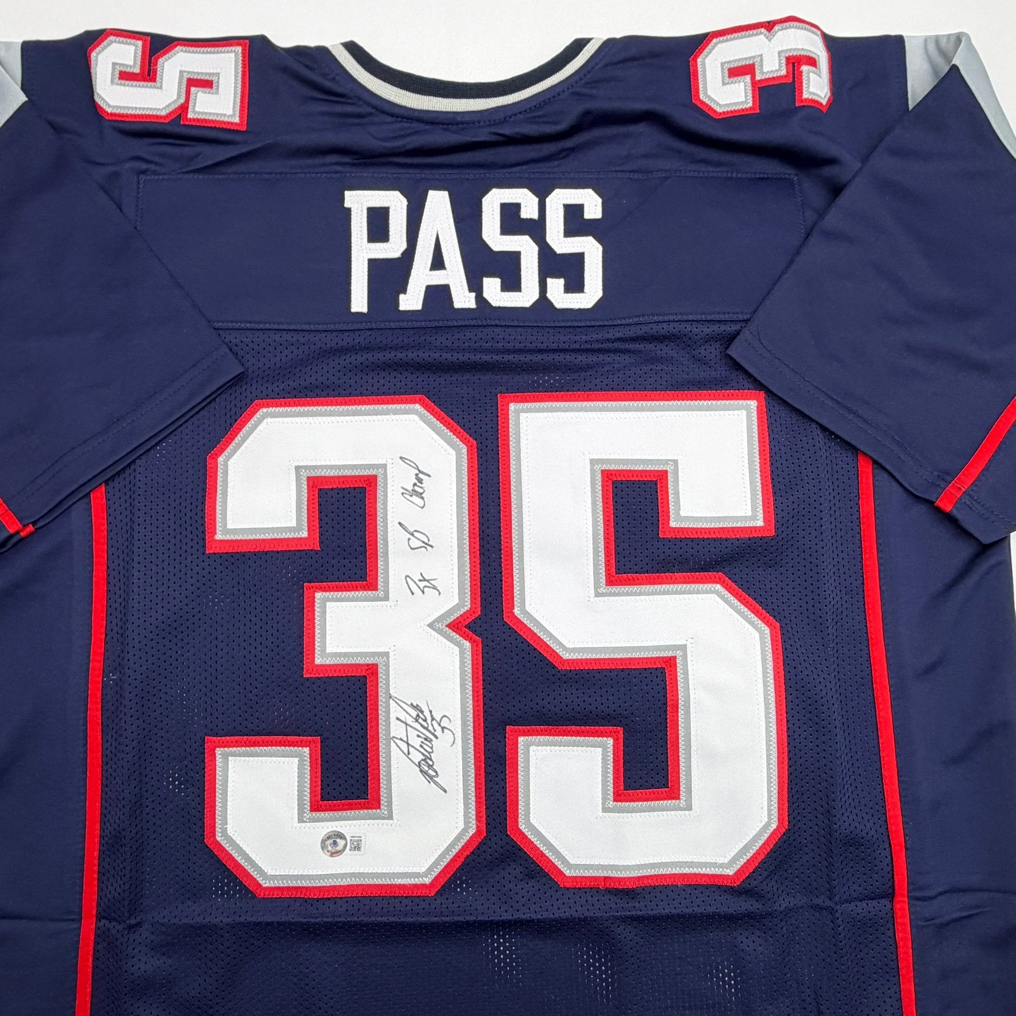 Autographed/Signed Patrick Pass 3x SB Champ New England Blue Football Jersey Beckett BAS COA - Image 2