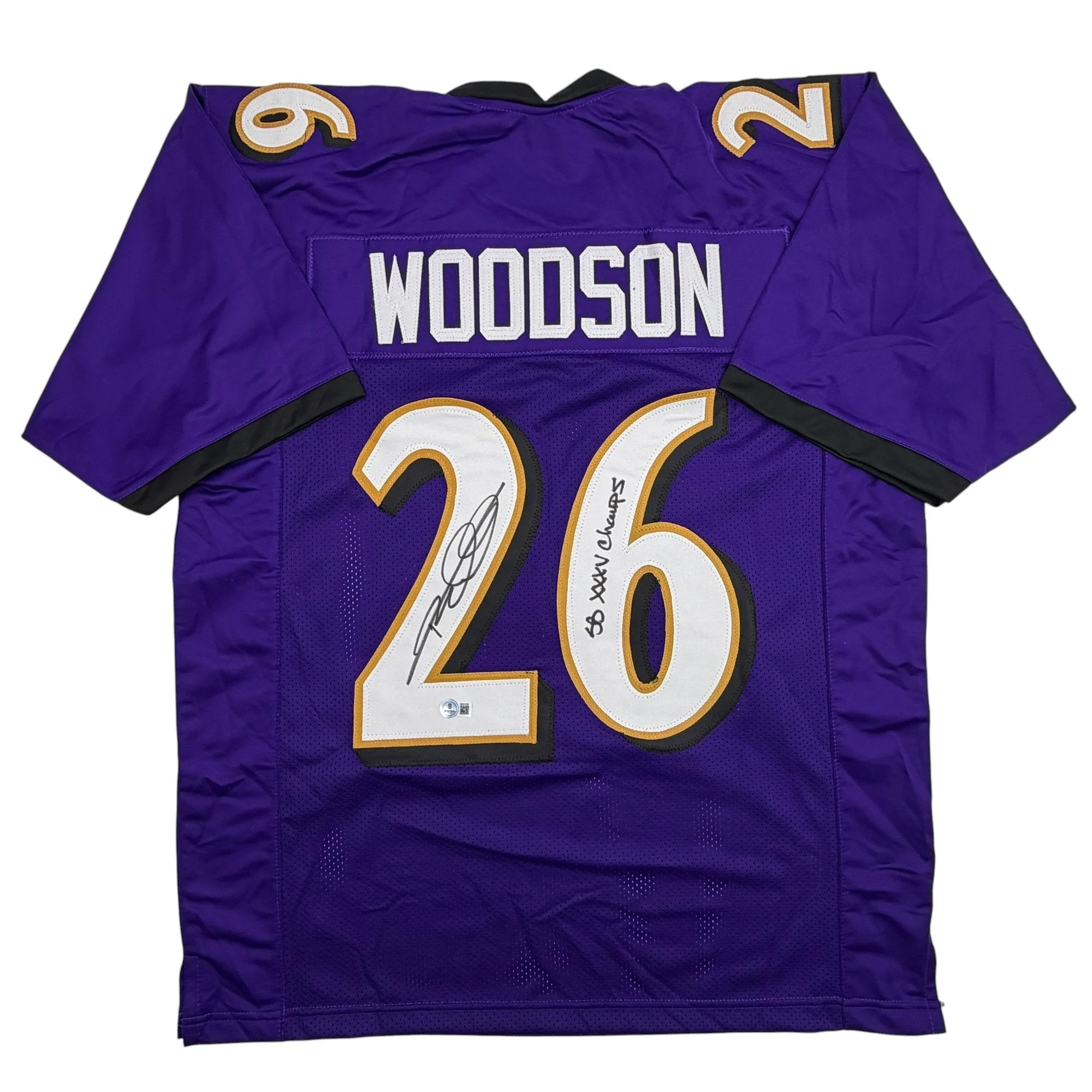 Autographed/Signed Rod Woodson SB XXXV Champs Baltimore Purple Football Jersey Beckett BAS COA