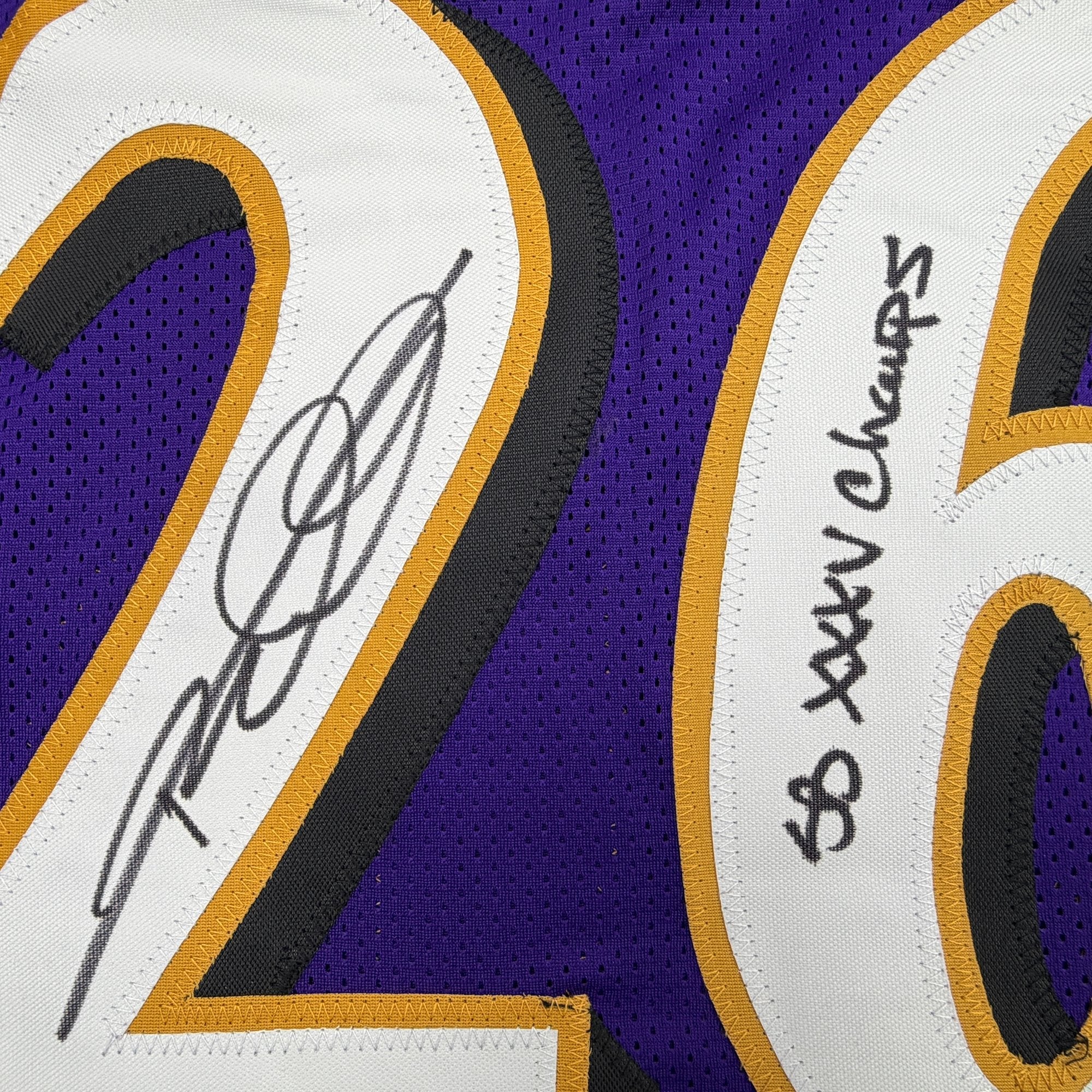 Autographed/Signed Rod Woodson SB XXXV Champs Baltimore Purple Football Jersey Beckett BAS COA - Image 3