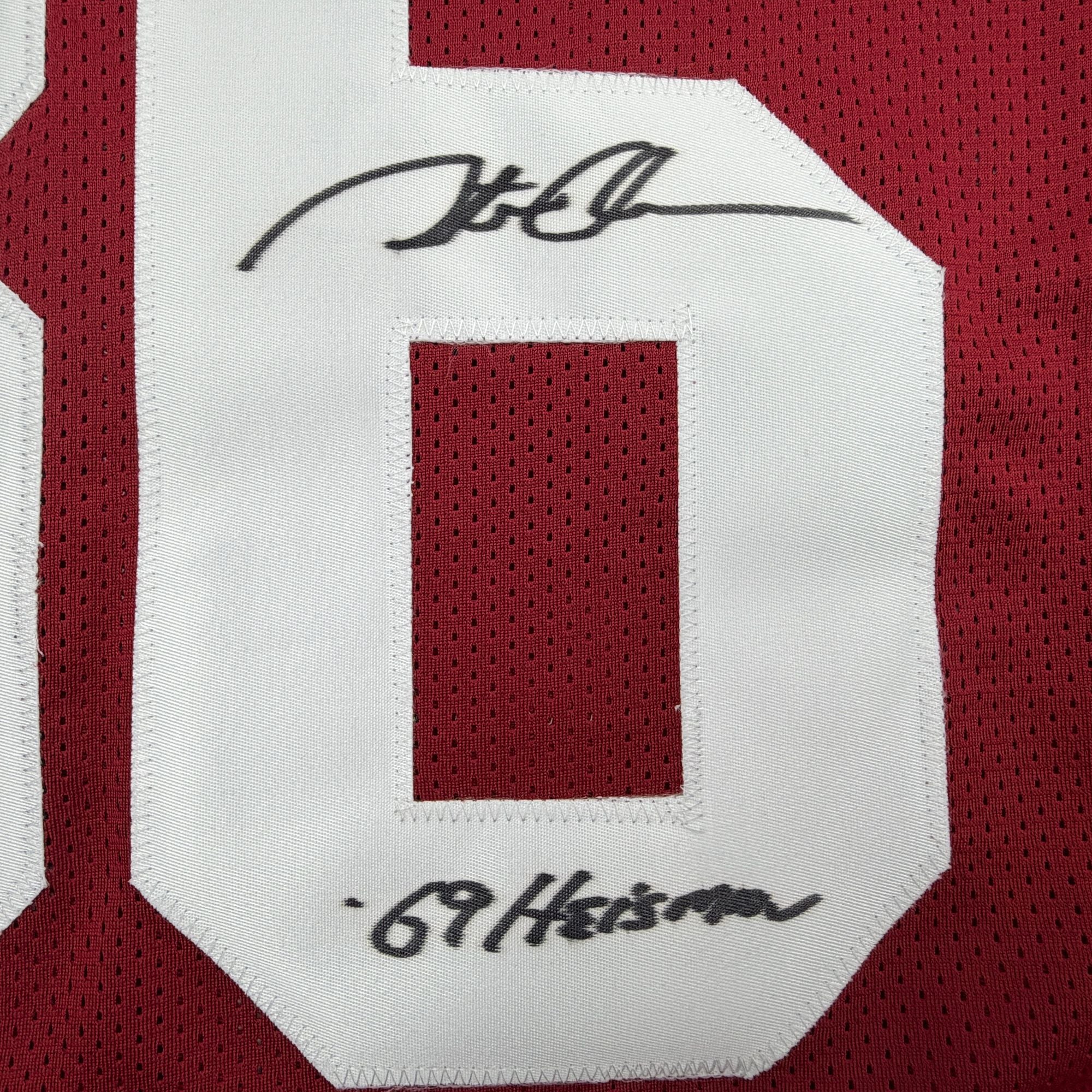 Autographed/Signed Steve Owens 69 Heisman Oklahoma Maroon College Football Jersey Beckett BAS COA - Image 3