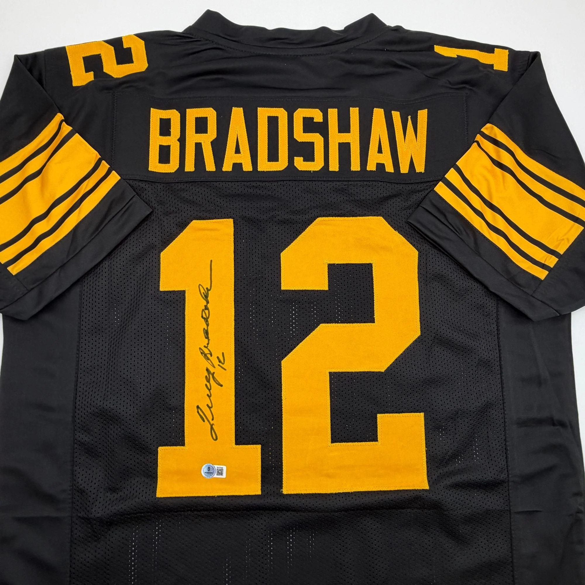 Autographed/Signed Terry Bradshaw Pittsburgh Black Color Rush Football Jersey Beckett BAS COA - Image 2