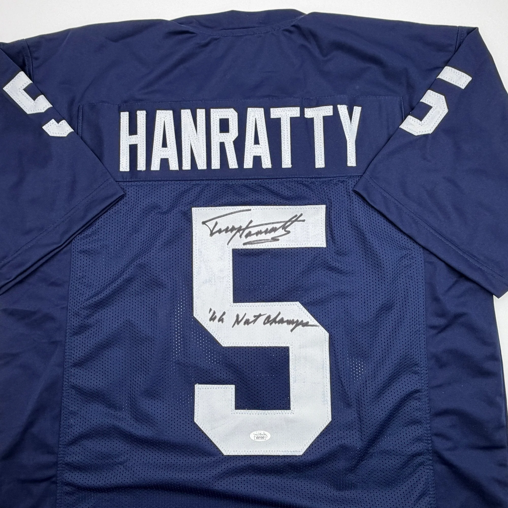Autographed/Signed Terry Hanratty Notre Dame Blue College Football Jersey JSA COA - Image 2